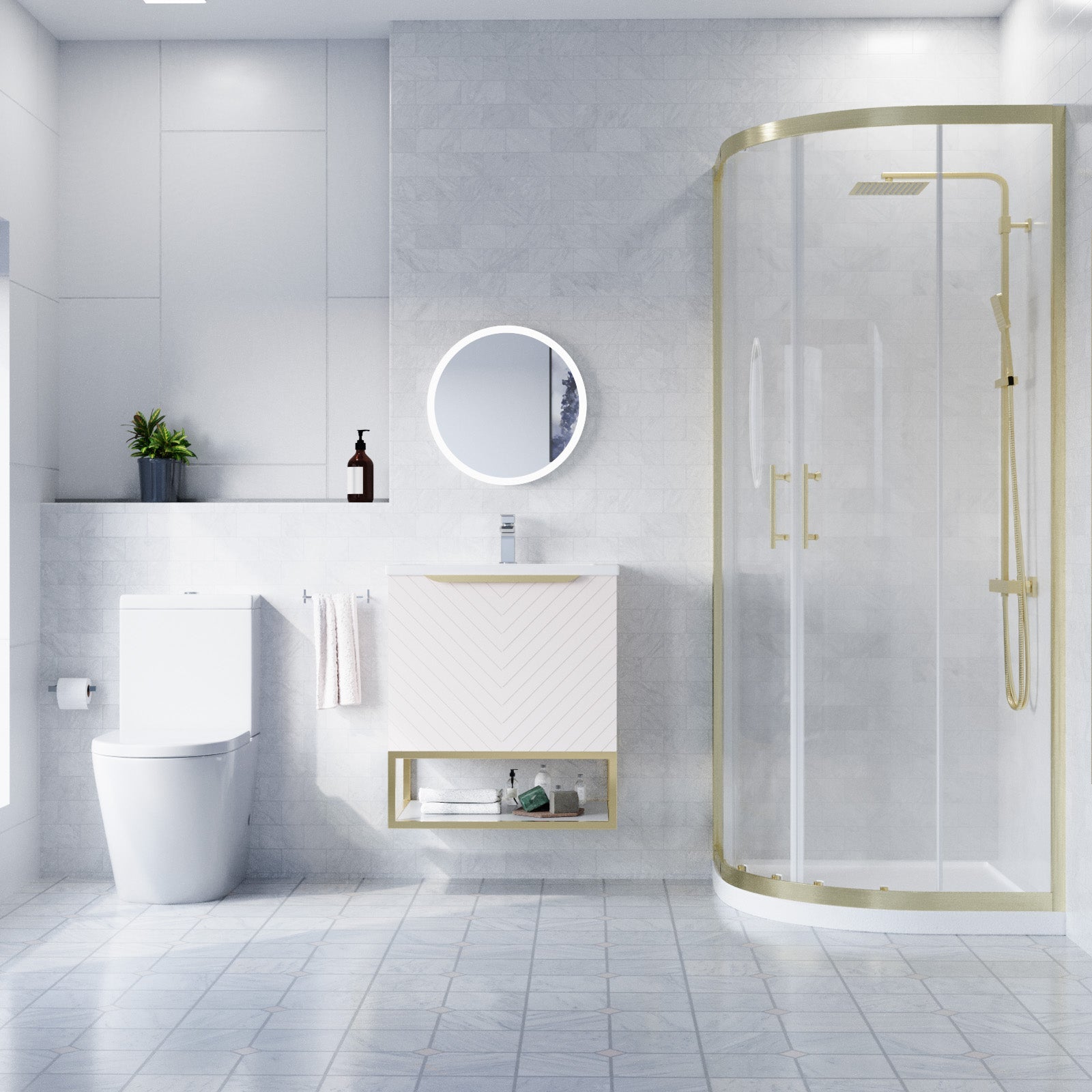 Roxy Pink 600mm Basin Vanity, Brushed Brass Quadrant Shower & Toilet