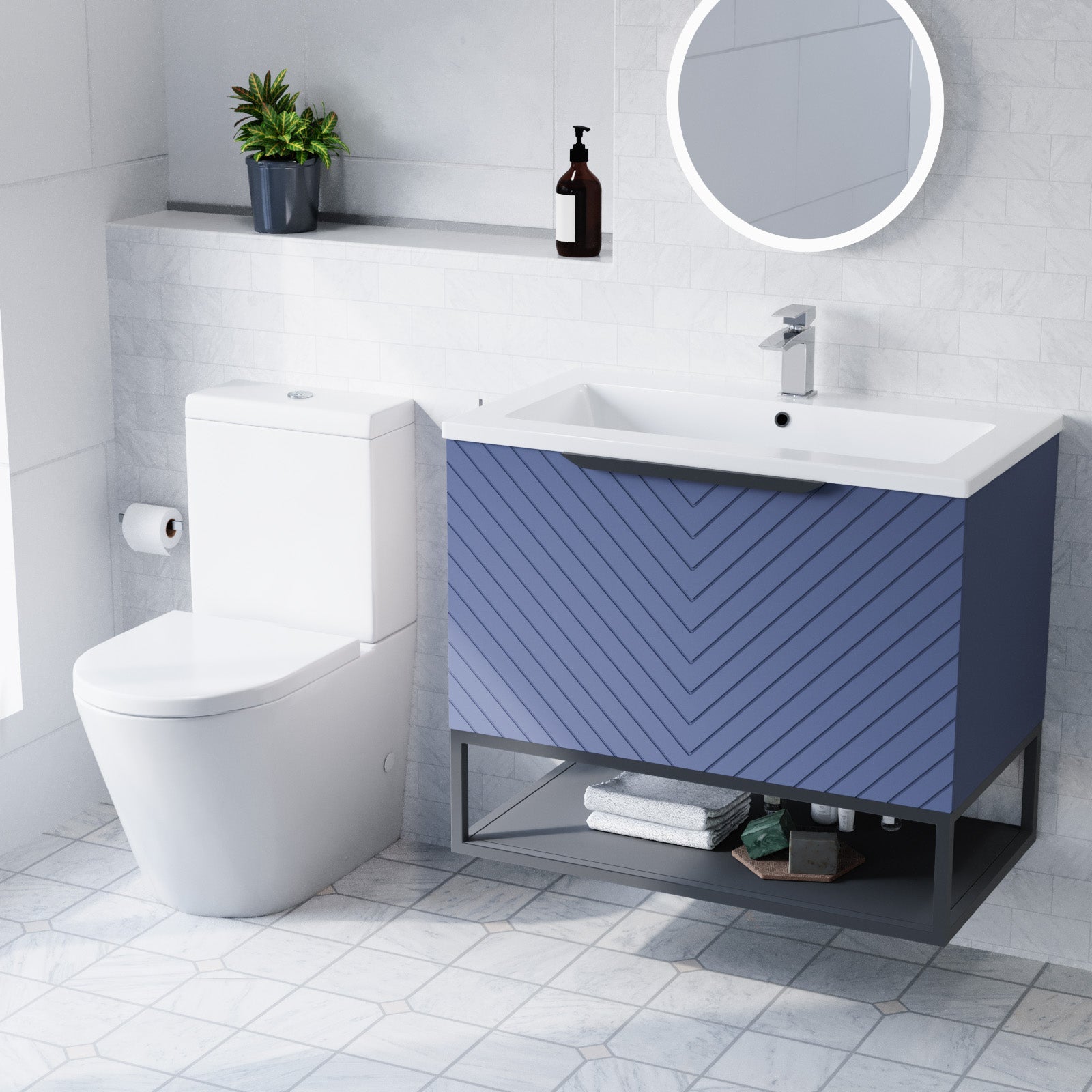 Roxy Blue 800mm Basin Vanity With Black Frame & Close Coupled Toilet