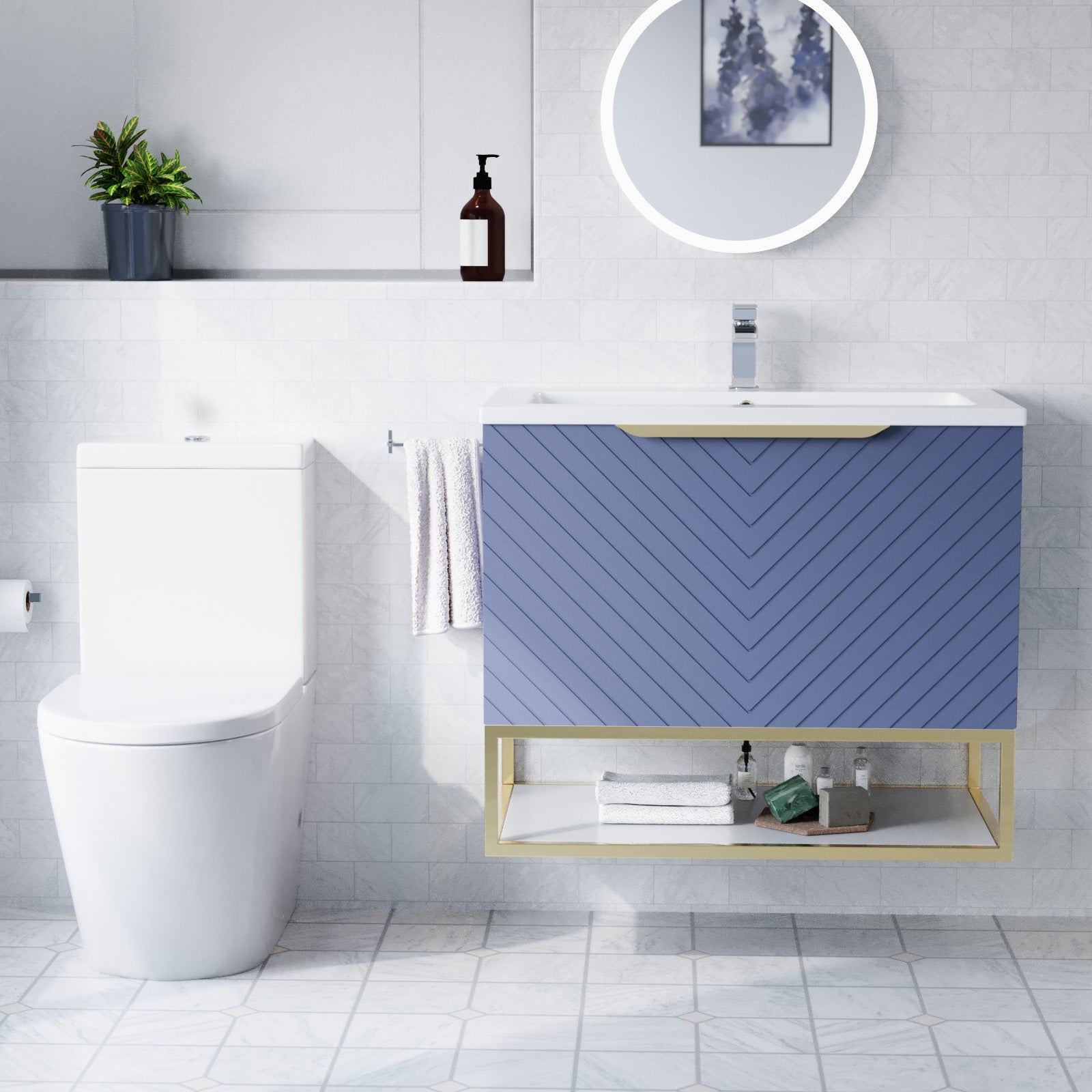 Roxy Blue 800mm Basin Vanity With Brushed Brass Frame & Close Coupled Toilet