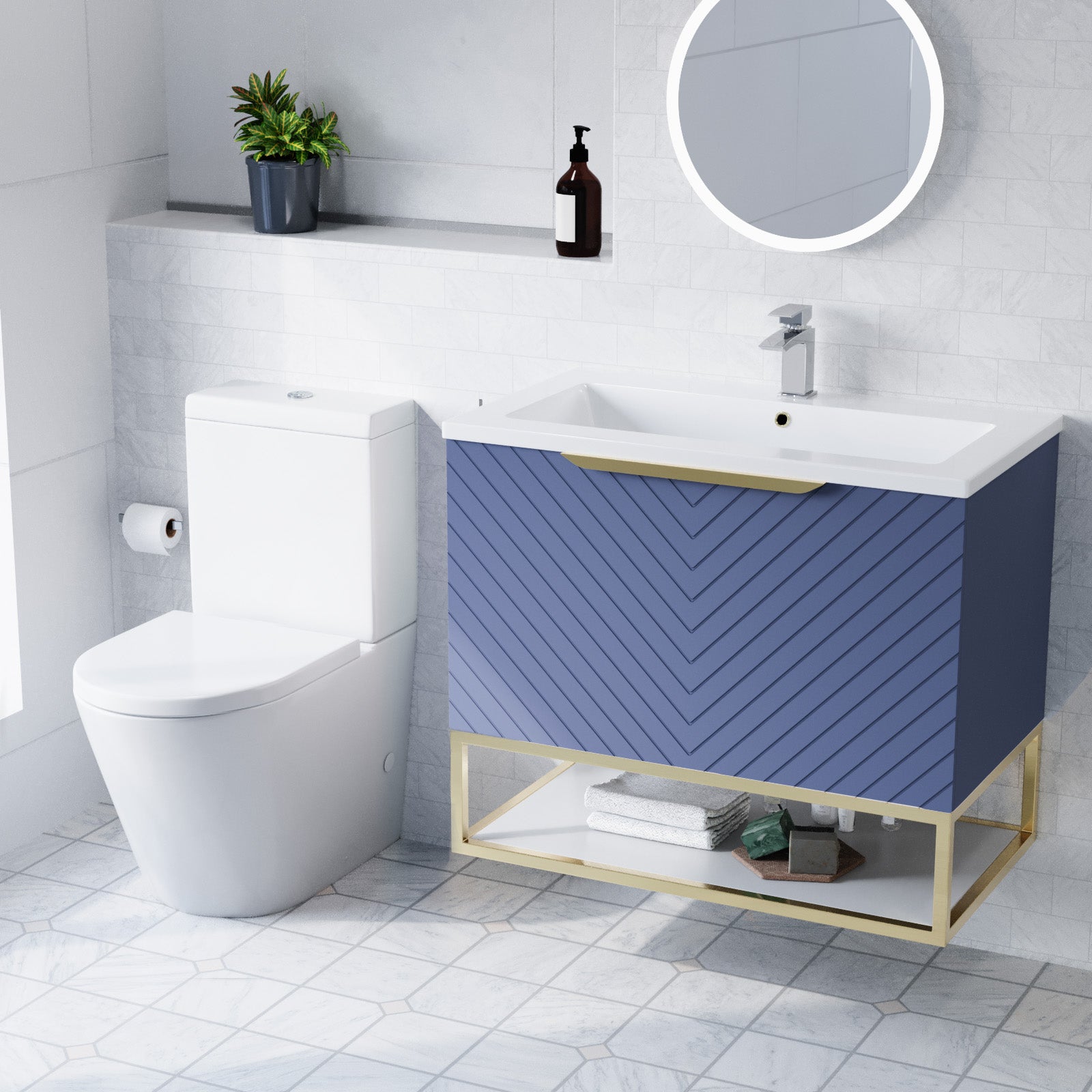 Roxy Blue 800mm Basin Vanity With Brushed Brass Frame & Close Coupled Toilet