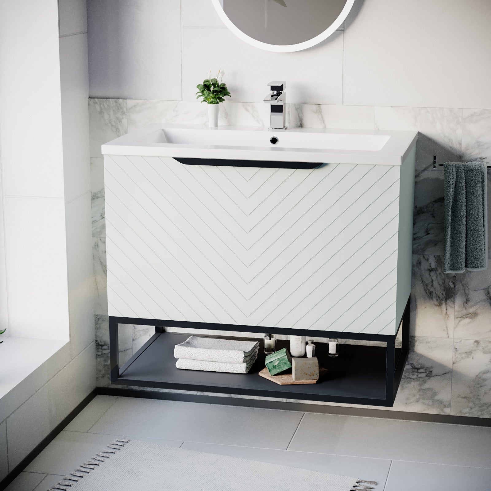 Roxy 800mm Wall Hung Green Drawers Basin Vanity Black Frame & Handle