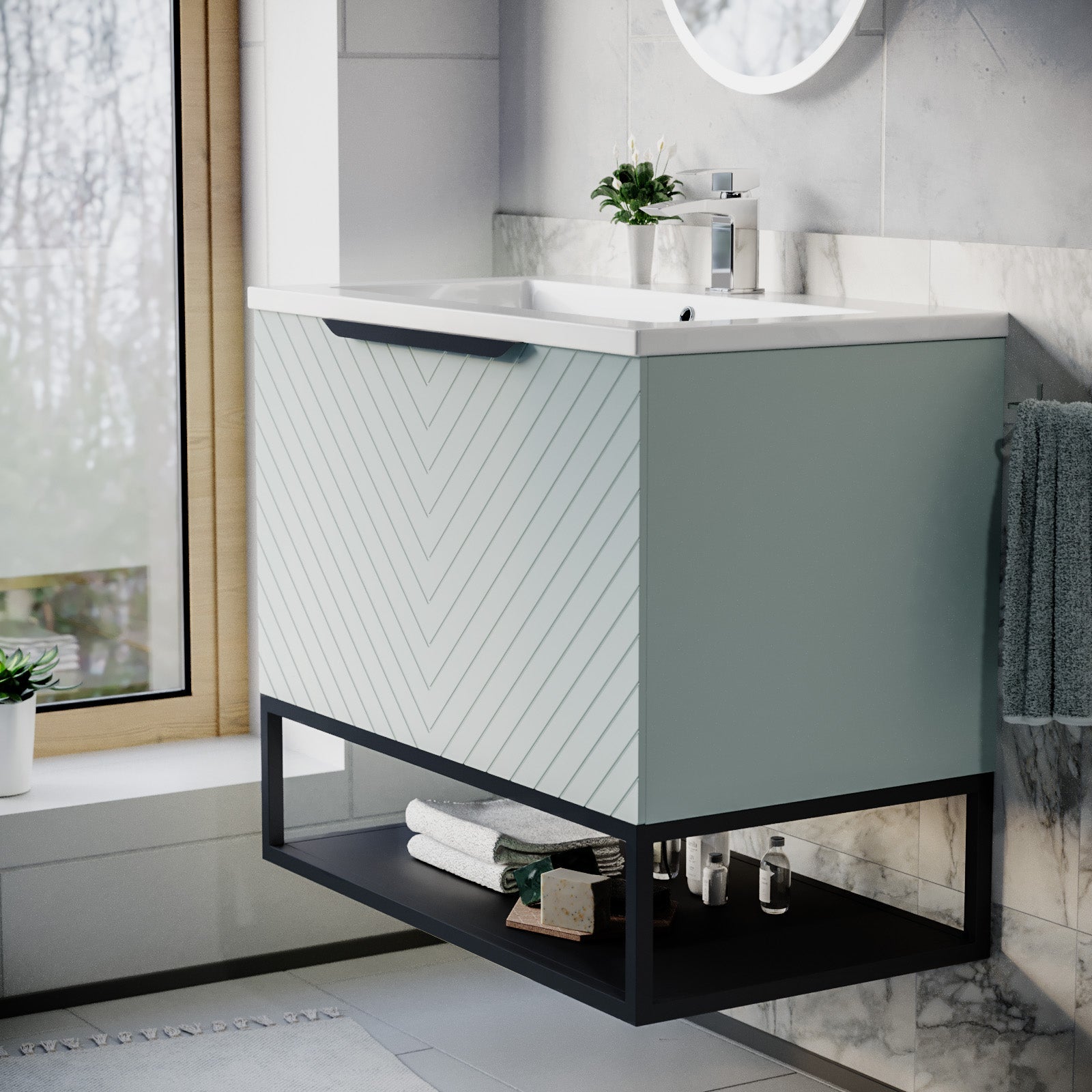 Roxy 800mm Wall Hung Green Drawers Basin Vanity Black Frame & Handle