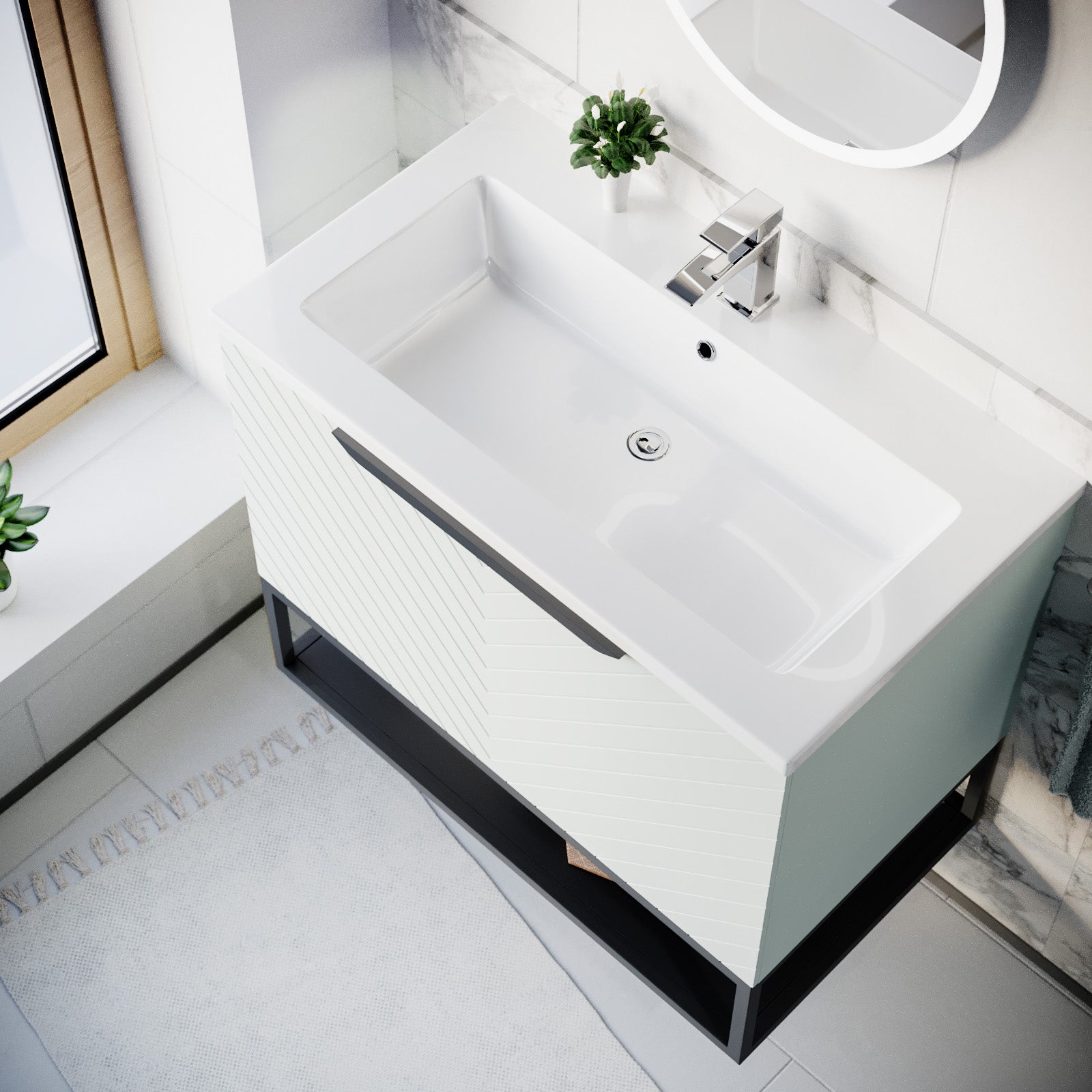 Roxy 800mm Wall Hung Green Drawers Basin Vanity Black Frame & Handle