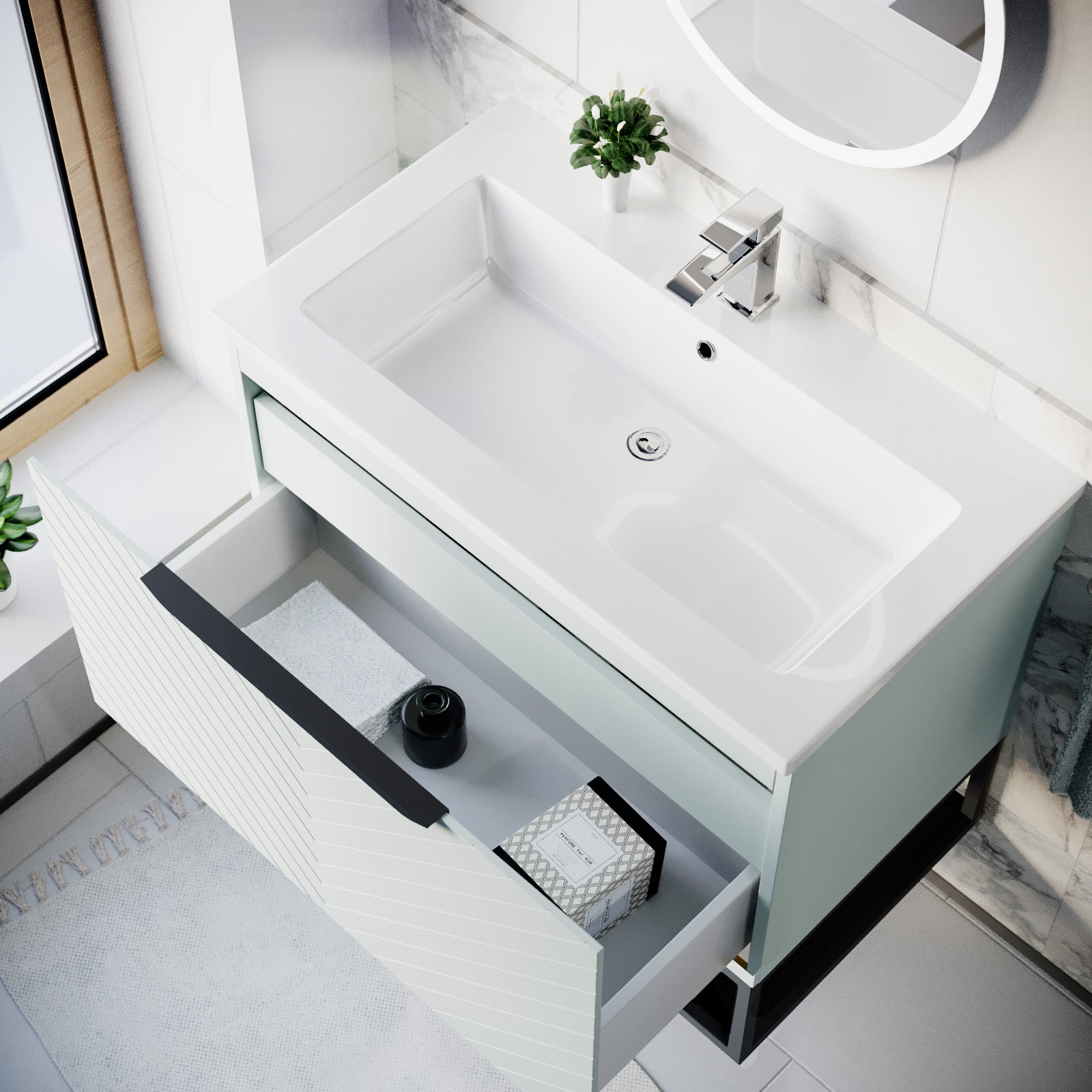 Roxy 800mm Wall Hung Green Drawers Basin Vanity Black Frame & Handle