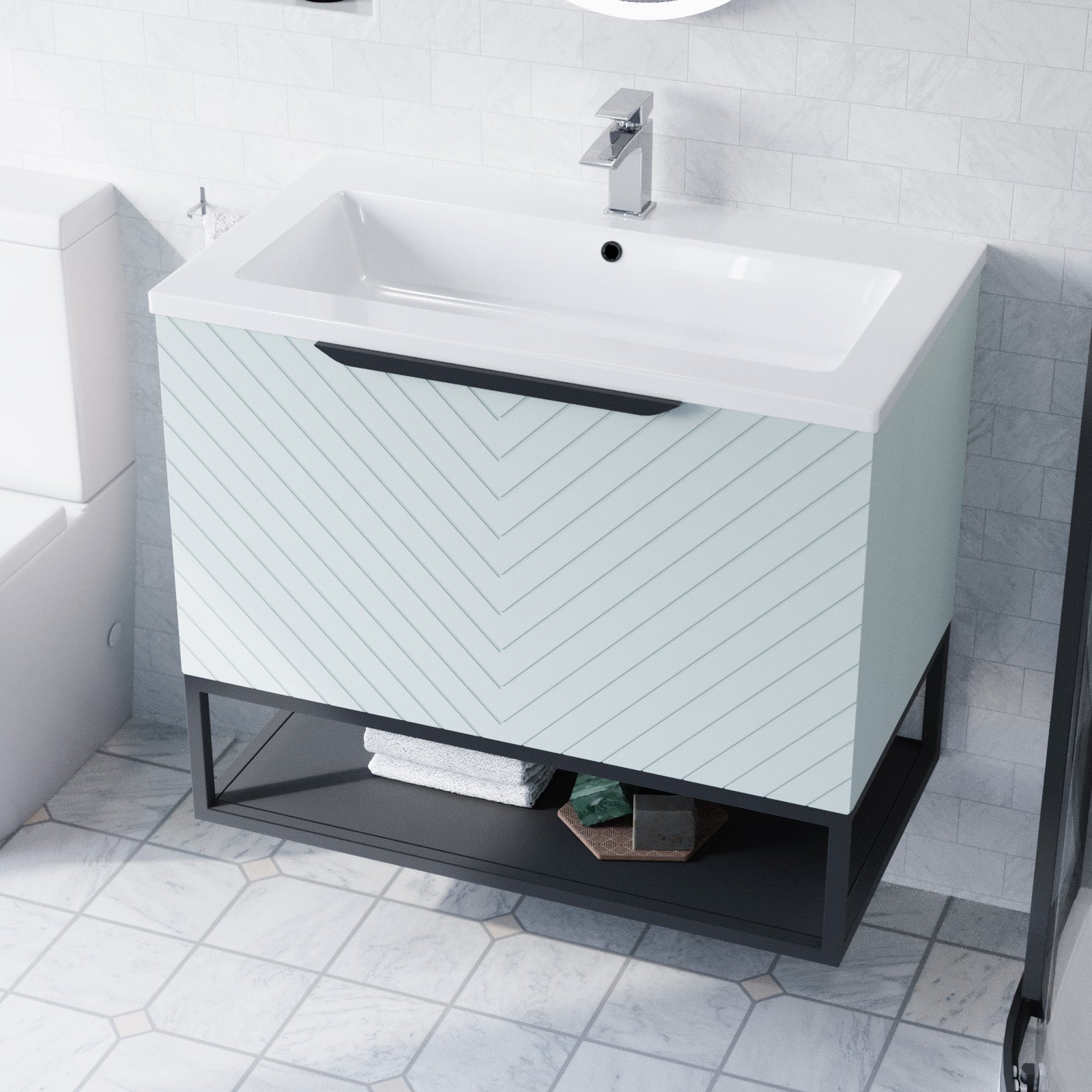 Roxy Green 800mm Basin Vanity With Black Frame & Close Coupled Toilet