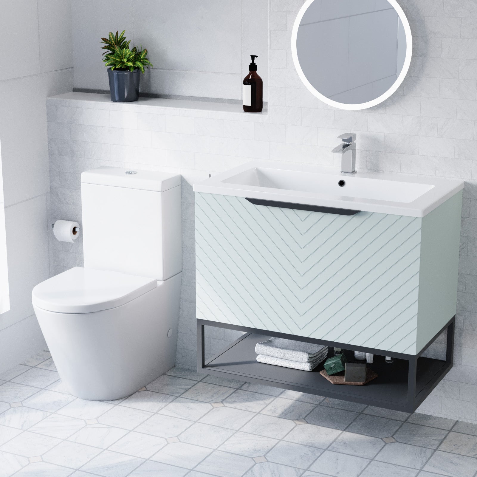 Roxy Green 800mm Basin Vanity With Black Frame & Close Coupled Toilet