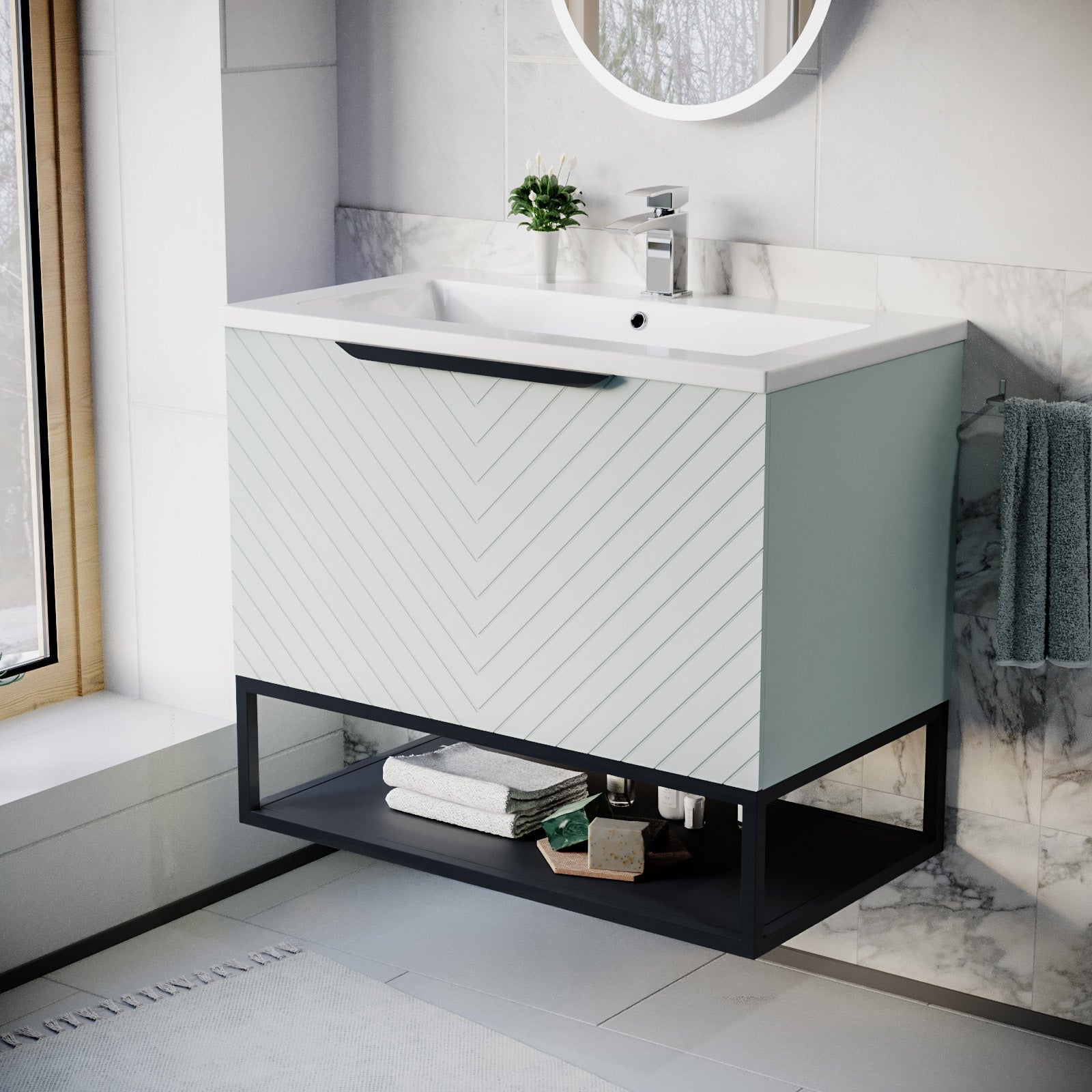 Roxy 800mm Wall Hung Green Drawers Basin Vanity Black Frame & Handle