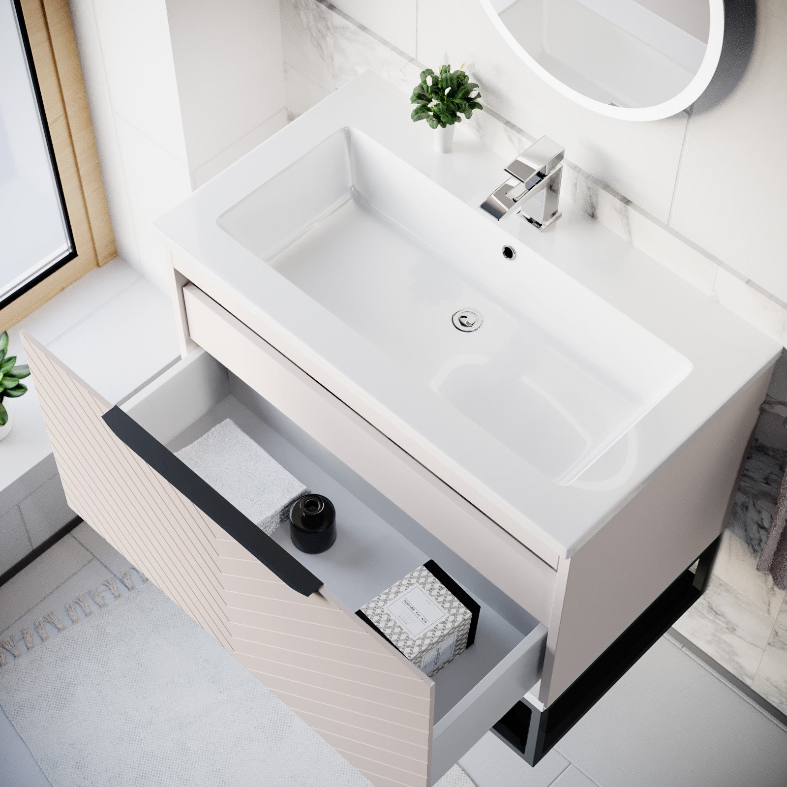 Roxy 800mm Wall Hung Pink Drawers Basin Vanity Black Frame & Handle