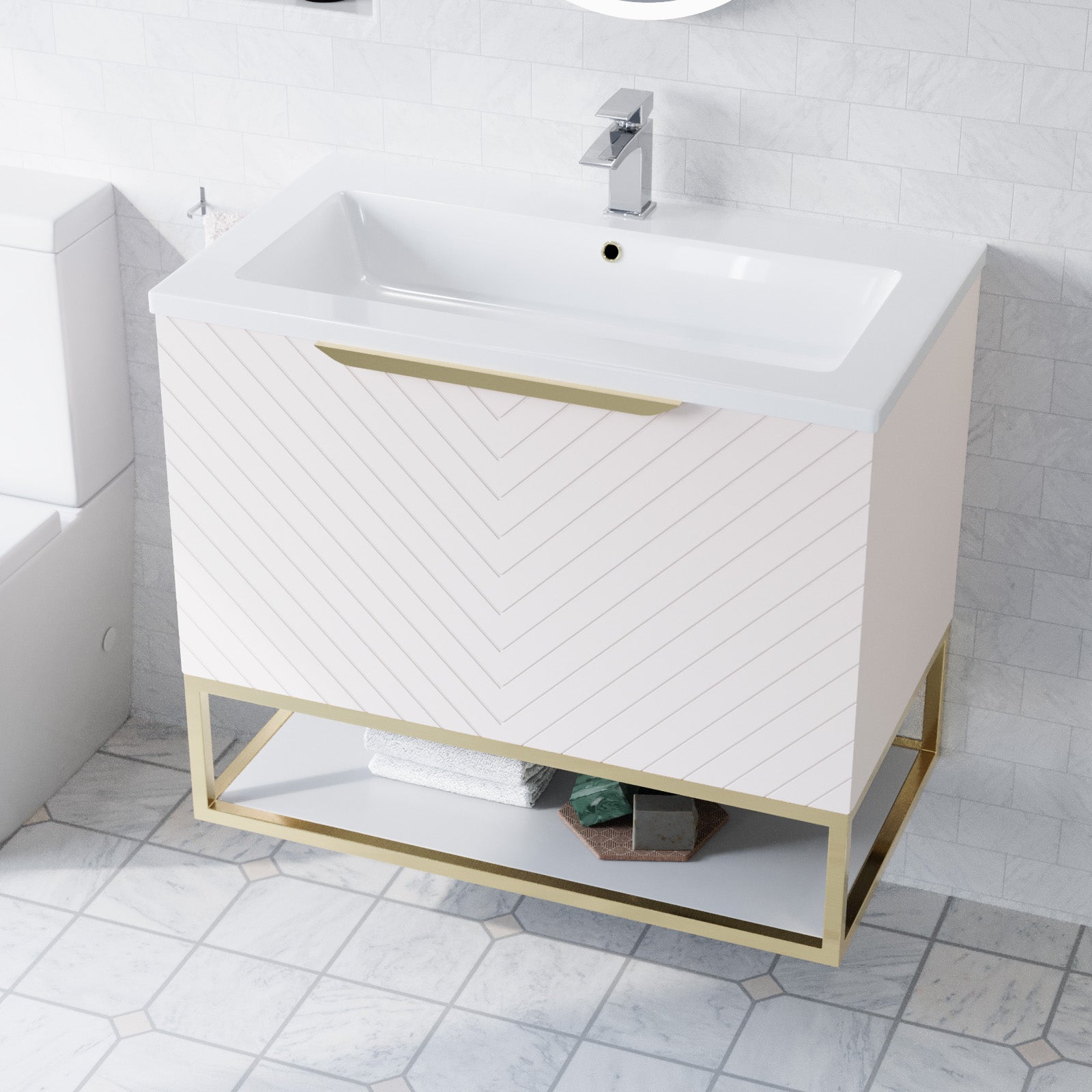 Roxy Pink 800mm Basin Vanity With Brushed Brass Frame & Close Coupled Toilet