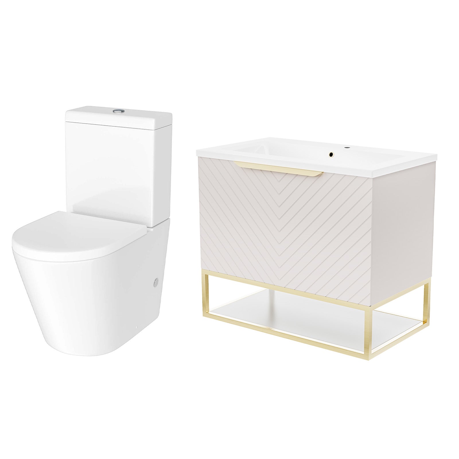 Roxy Pink 800mm Basin Vanity With Brushed Brass Frame & Close Coupled Toilet