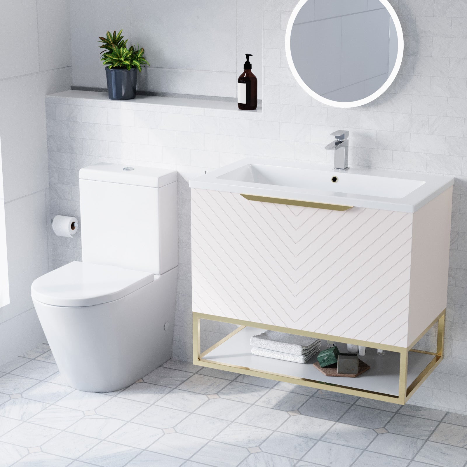 Roxy Pink 800mm Basin Vanity With Brushed Brass Frame & Close Coupled Toilet