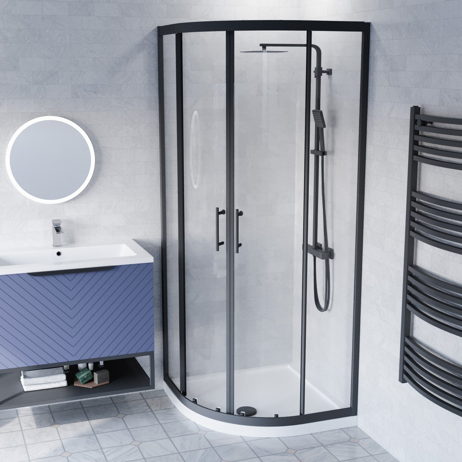 Roxy 800mm Basin Vanity With Black Quadrant Shower Enclosure & Toilet