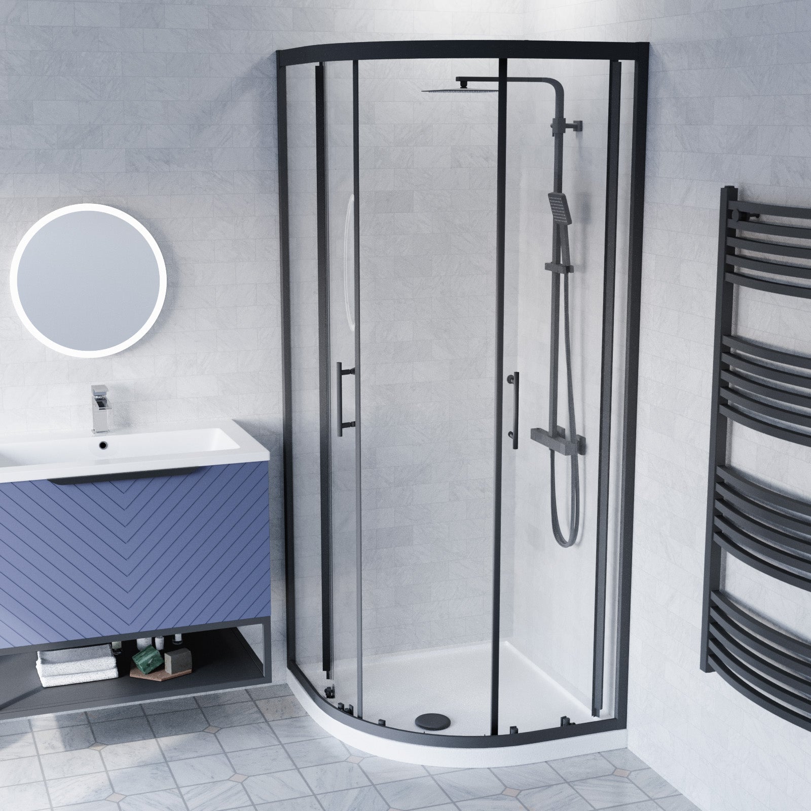 Roxy 800mm Basin Vanity With Black Quadrant Shower Enclosure & Toilet