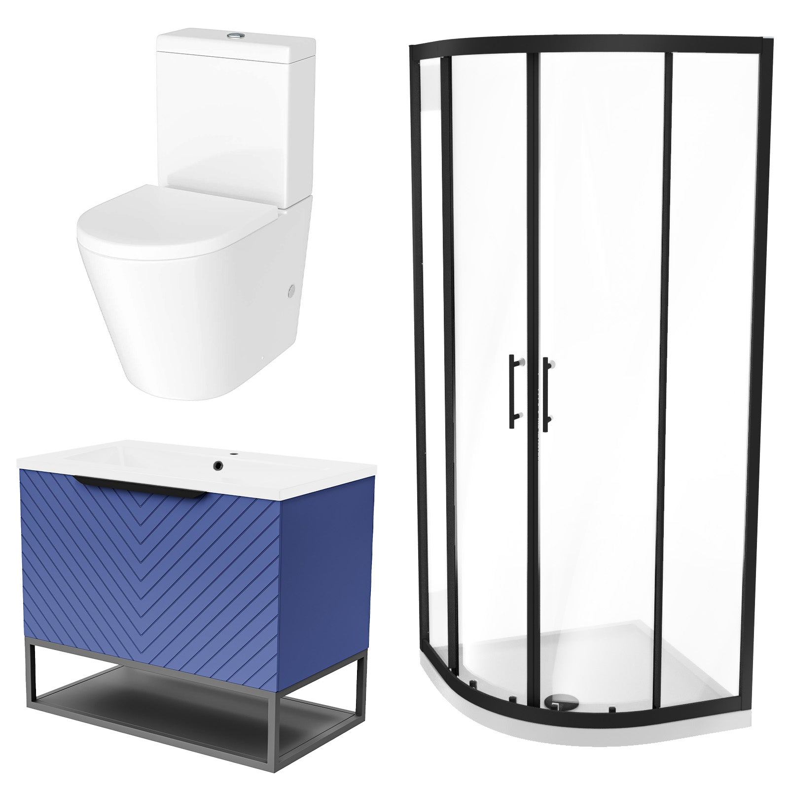 Roxy Blue 800mm Basin Vanity With Black Quadrant Shower Enclosure & Toilet