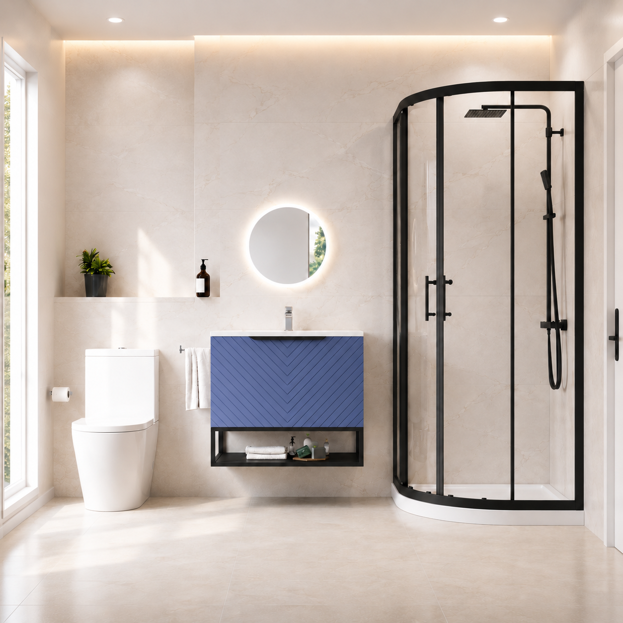 Roxy Blue 800mm Basin Vanity With Black Quadrant Shower Enclosure & Toilet