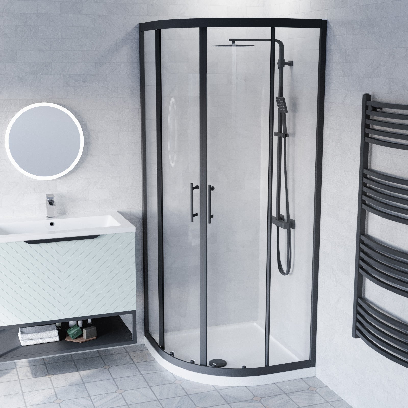 Roxy 800mm Basin Vanity With Black Quadrant Shower Enclosure & Toilet