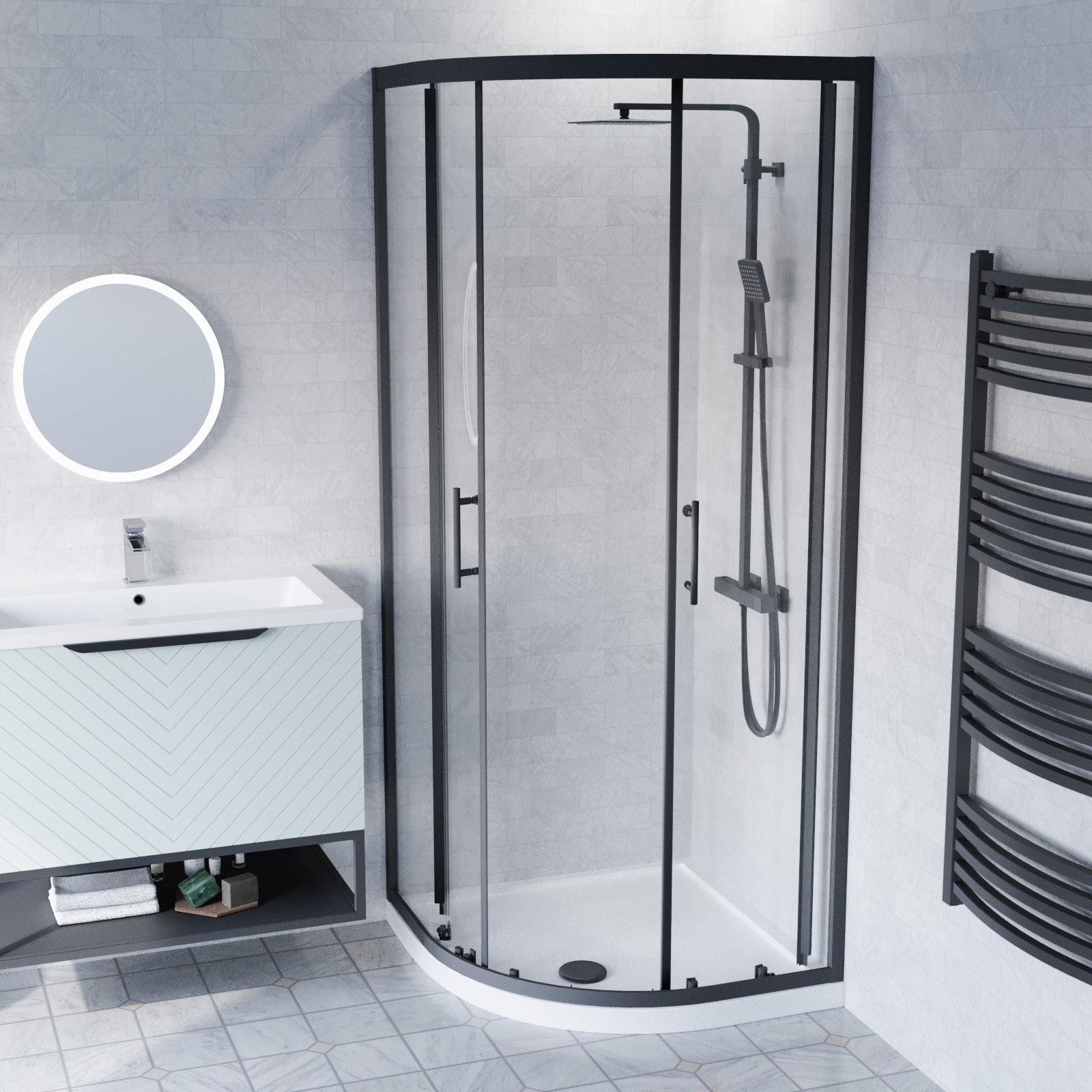 Roxy 800mm Basin Vanity With Black Quadrant Shower Enclosure & Toilet