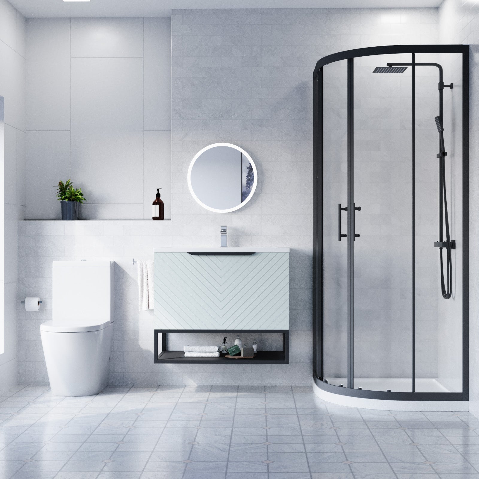 Roxy 800mm Basin Vanity With Black Quadrant Shower Enclosure & Toilet