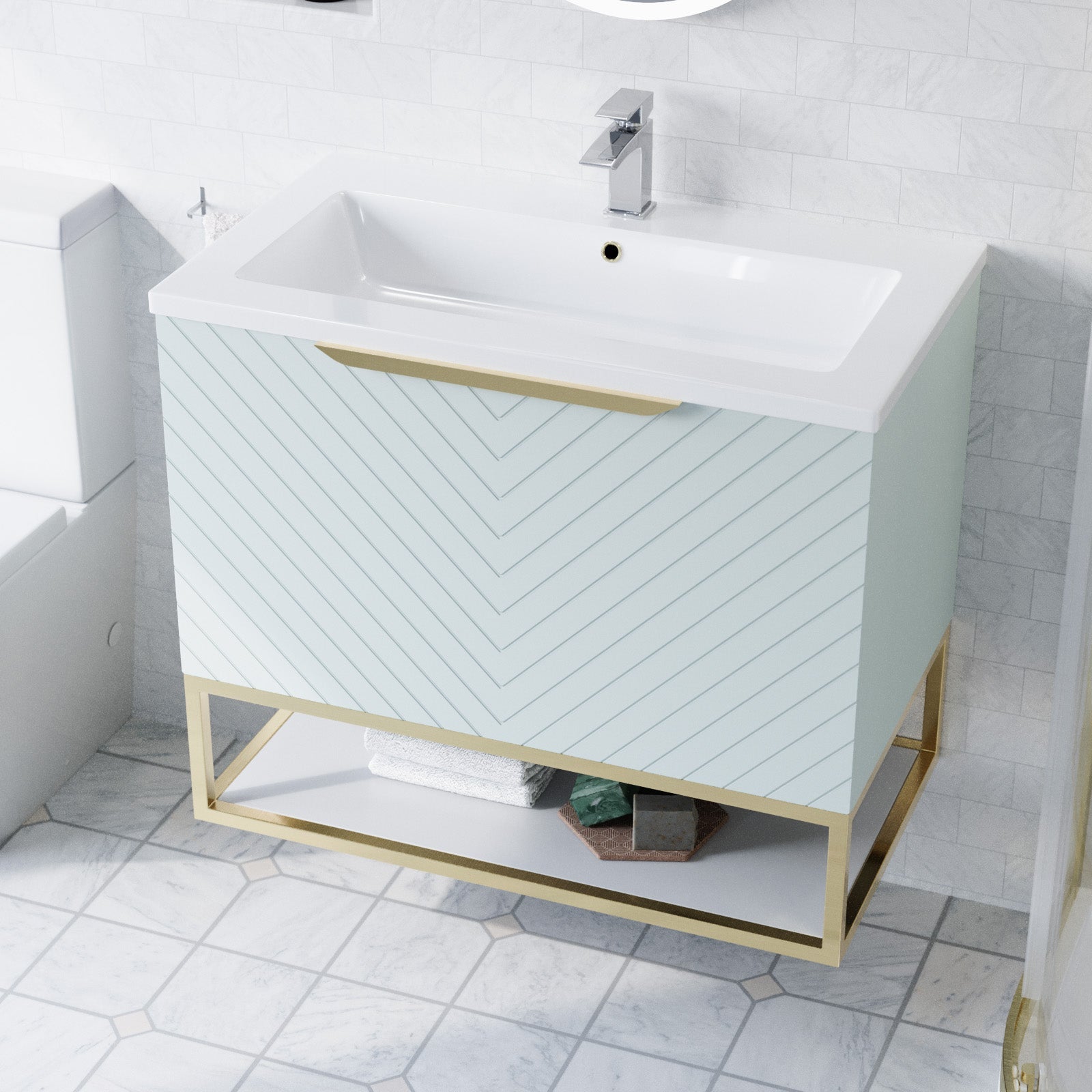 Roxy Green 800mm Basin Vanity, Brushed Brass Quadrant Shower & Toilet
