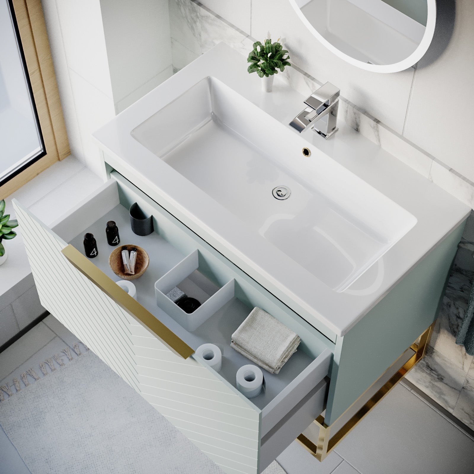 Roxy Green 800mm Basin Vanity, Brushed Brass Quadrant Shower & Toilet