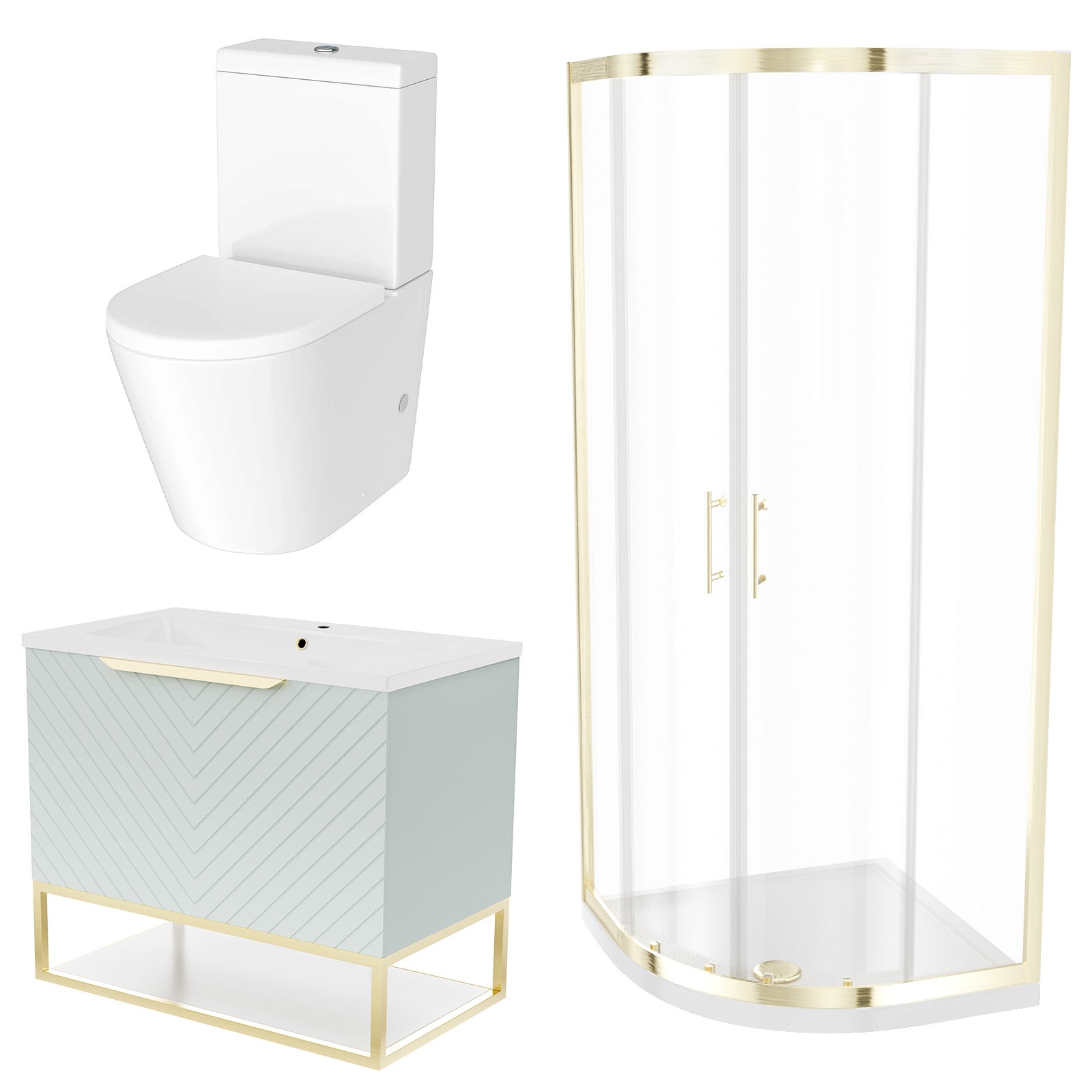 Roxy Green 800mm Basin Vanity, Brushed Brass Quadrant Shower & Toilet