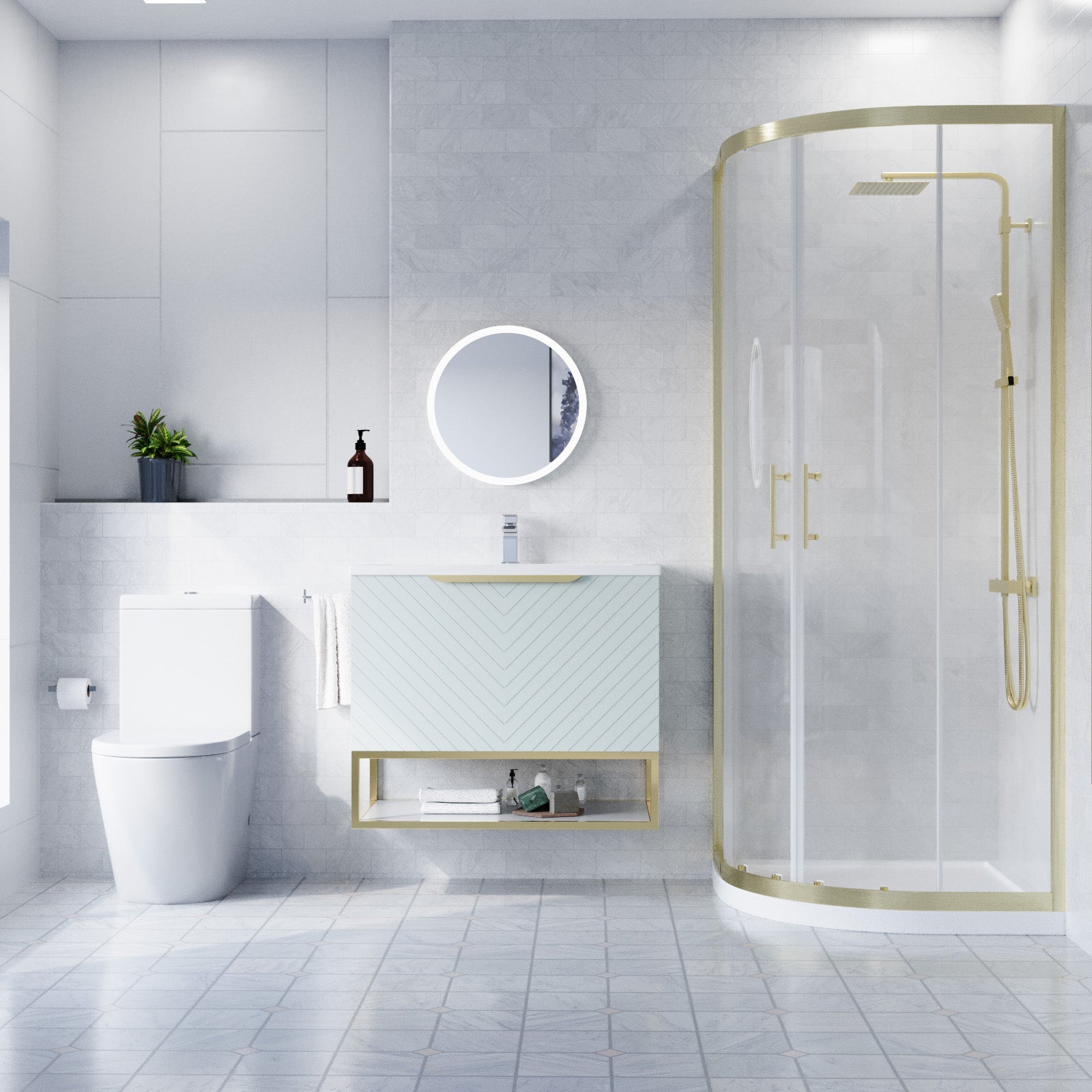 Roxy Green 800mm Basin Vanity, Brushed Brass Quadrant Shower & Toilet