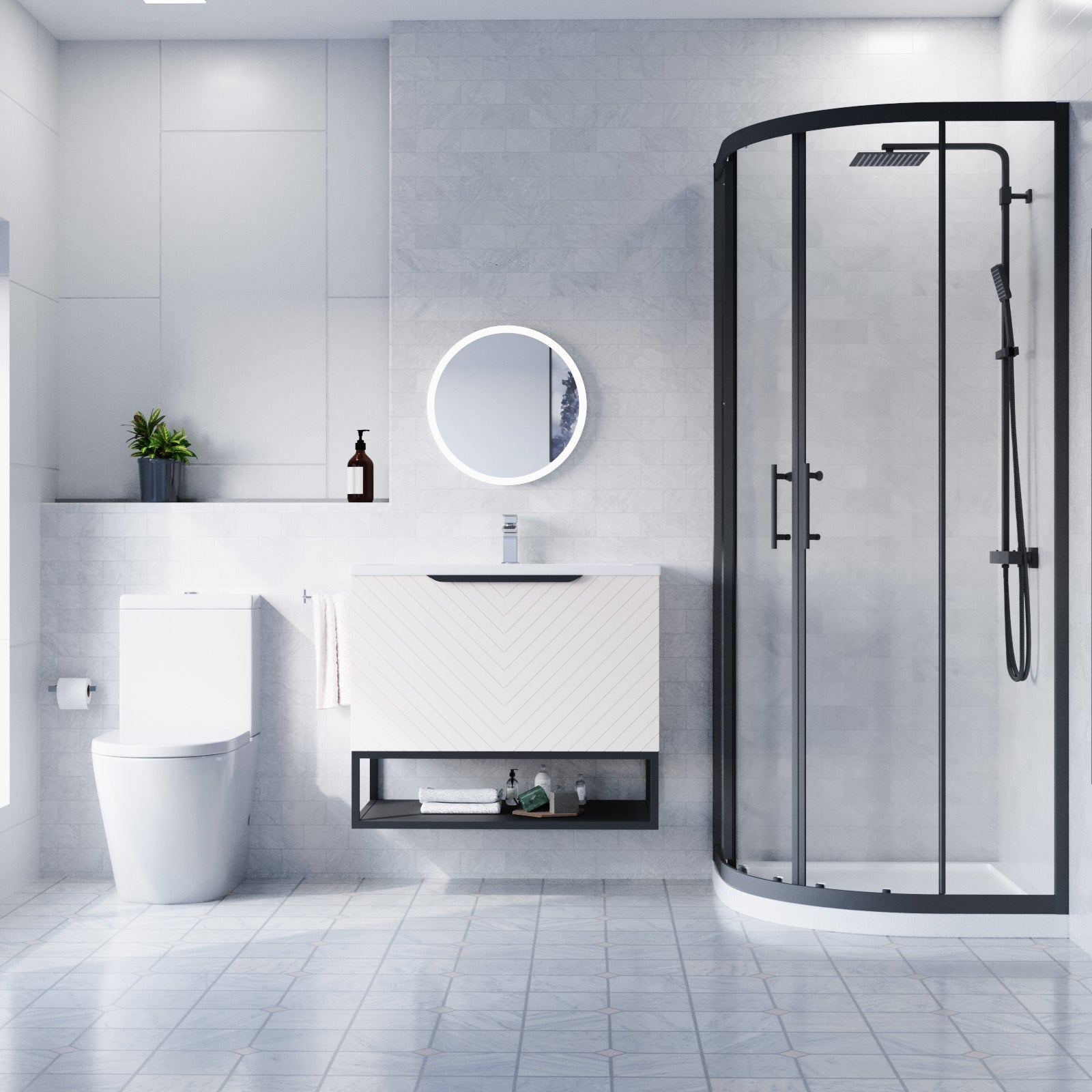 Roxy 800mm Basin Vanity With Black Quadrant Shower Enclosure & Toilet