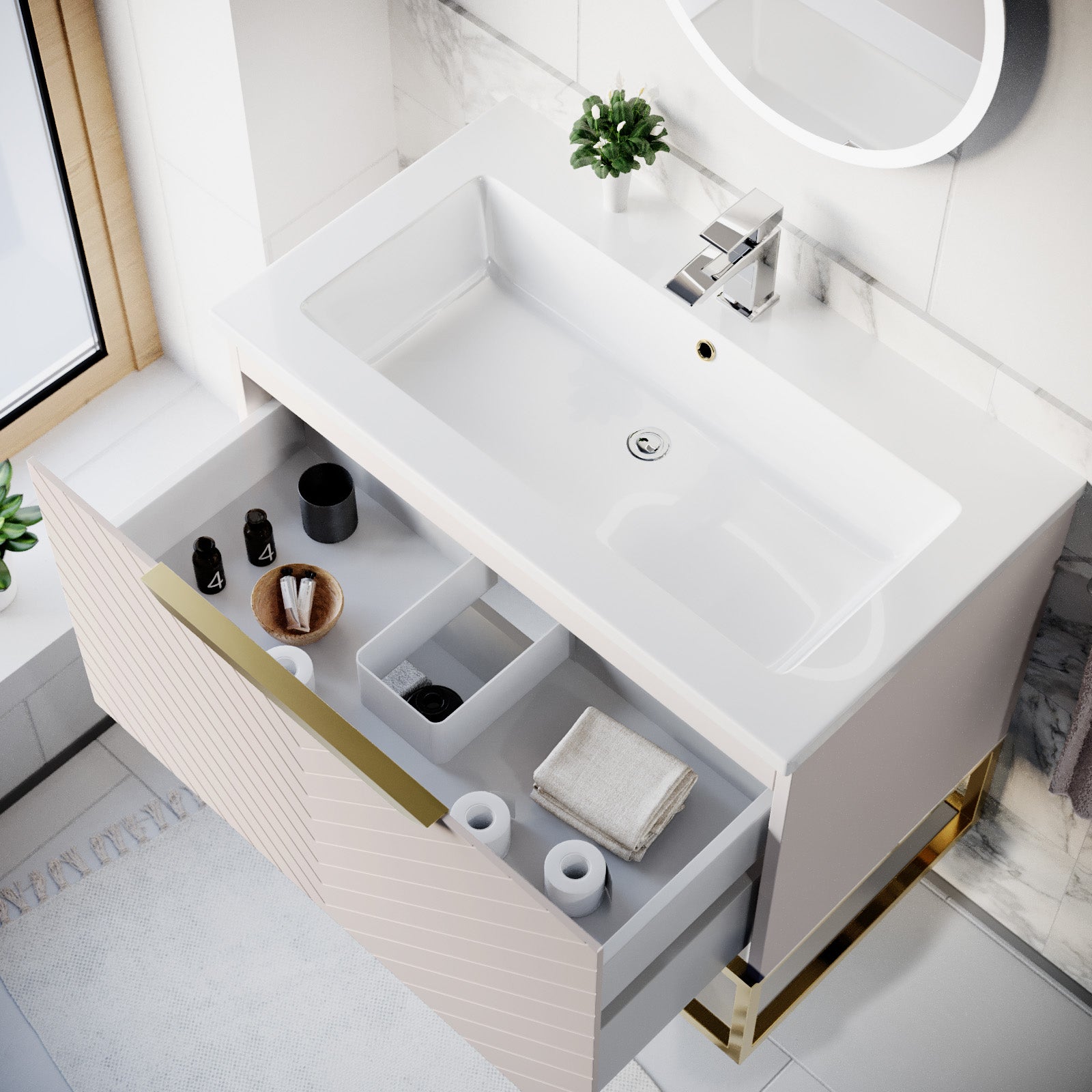 Roxy Pink 800mm Basin Vanity, Brushed Brass Quadrant Shower & Toilet