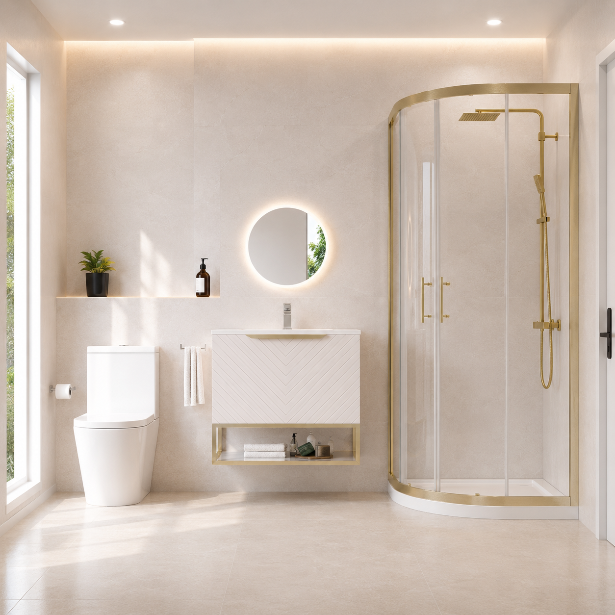 Roxy Pink 800mm Basin Vanity, Brushed Brass Quadrant Shower & Toilet