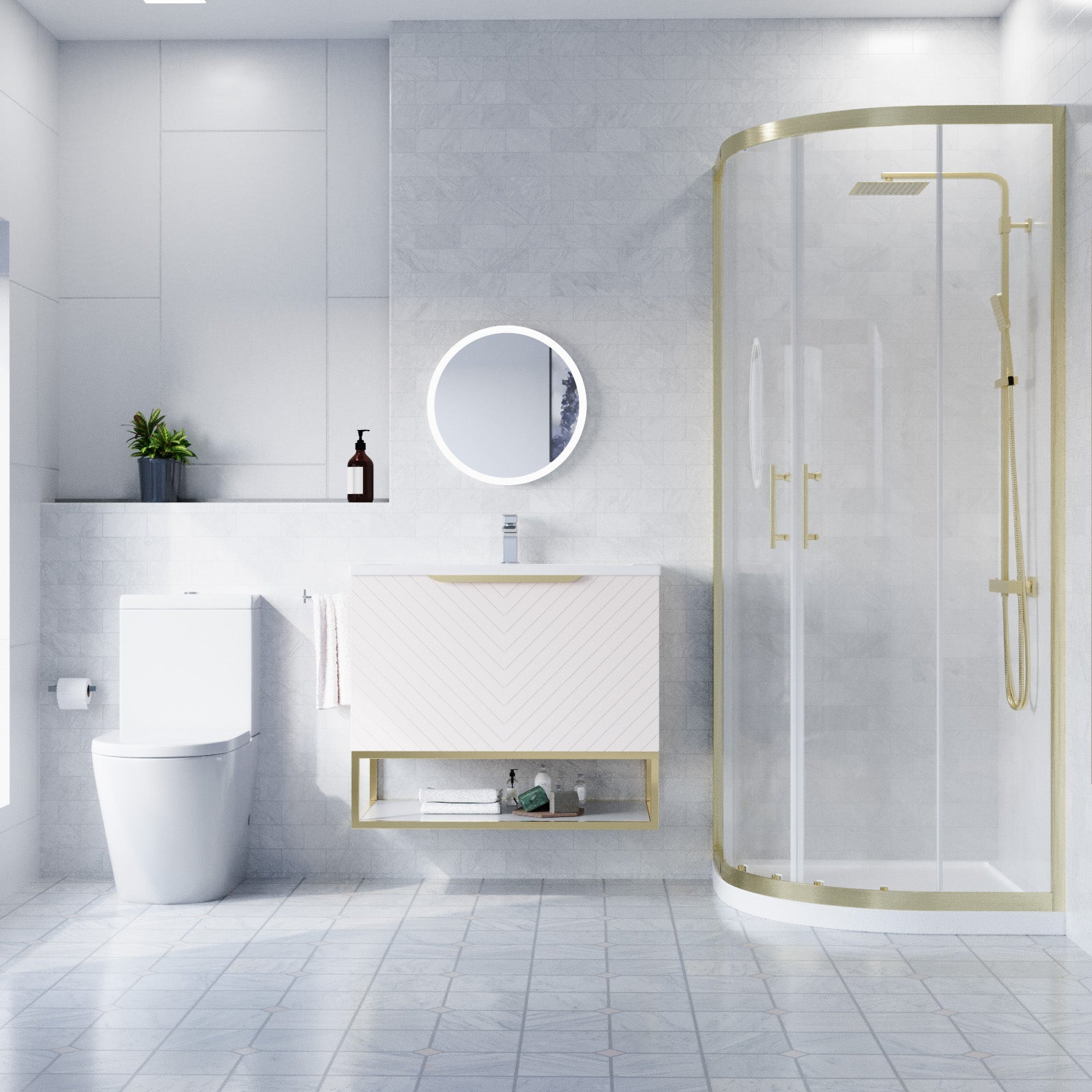 Roxy Pink 800mm Basin Vanity, Brushed Brass Quadrant Shower & Toilet