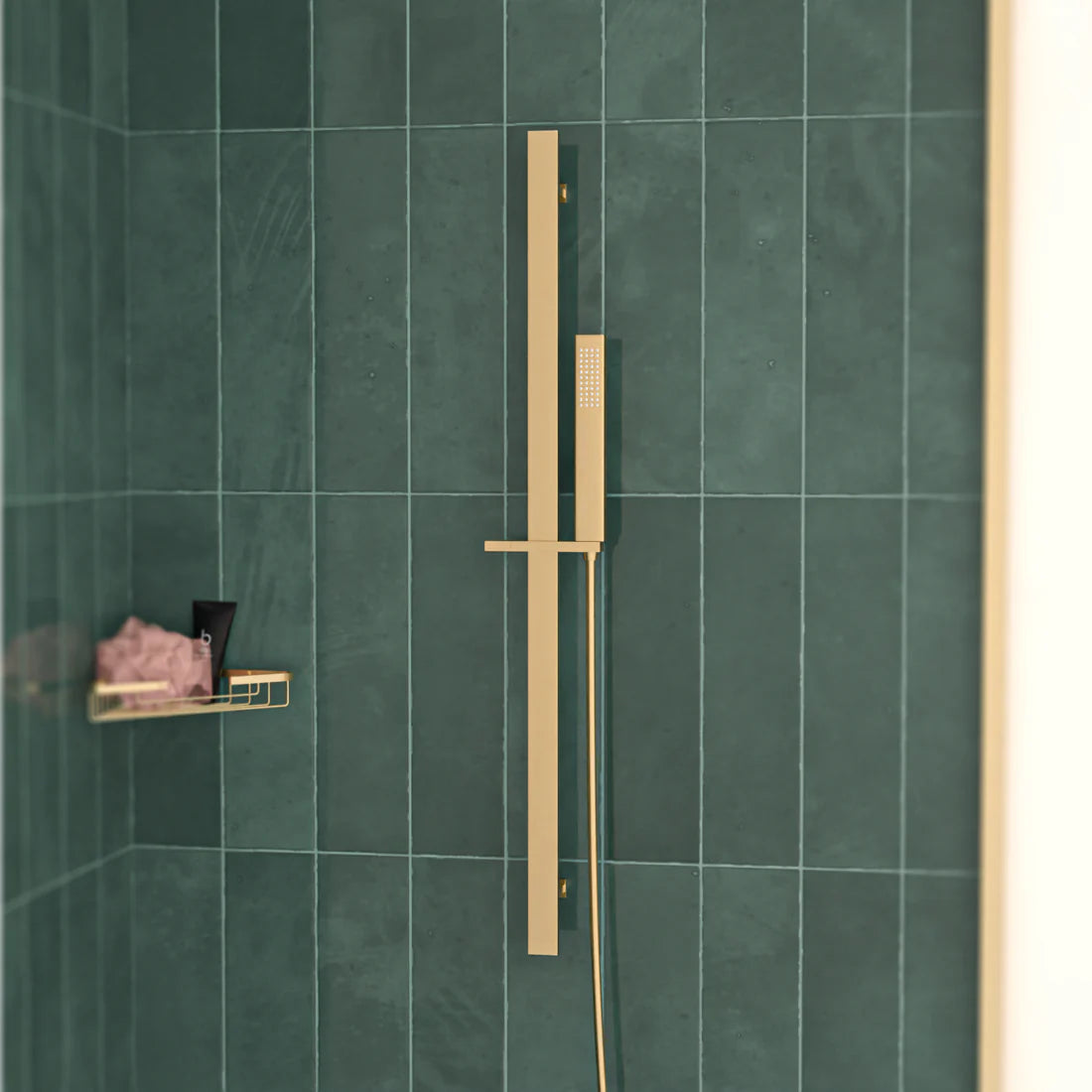 Brushed Brass Square Wall Mounted Slider Rail Shower Kit With Handset
