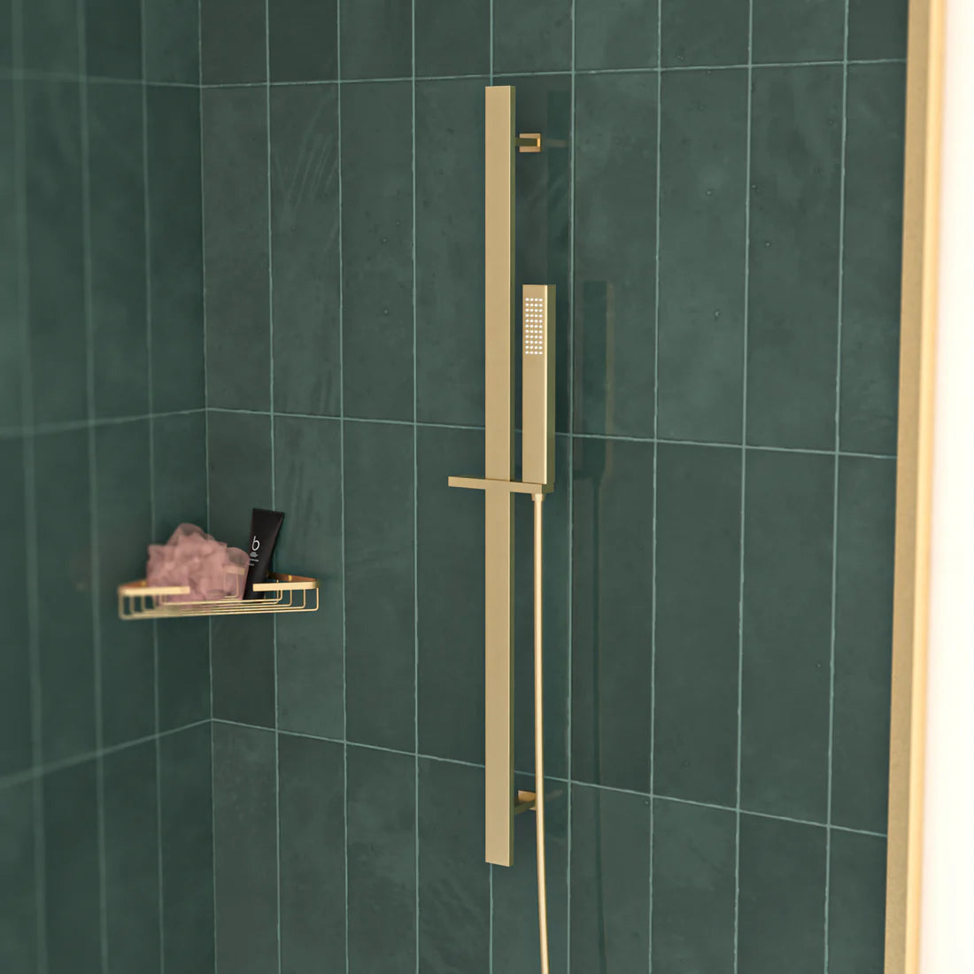 Brushed Brass Square Wall Mounted Slider Rail Shower Kit With Handset