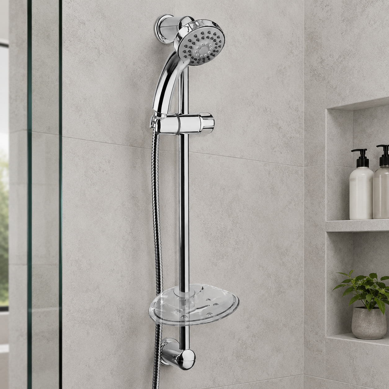 Modern Chrome Round Exposed Shower Slider Rail Kit with Handset & Soap Tray