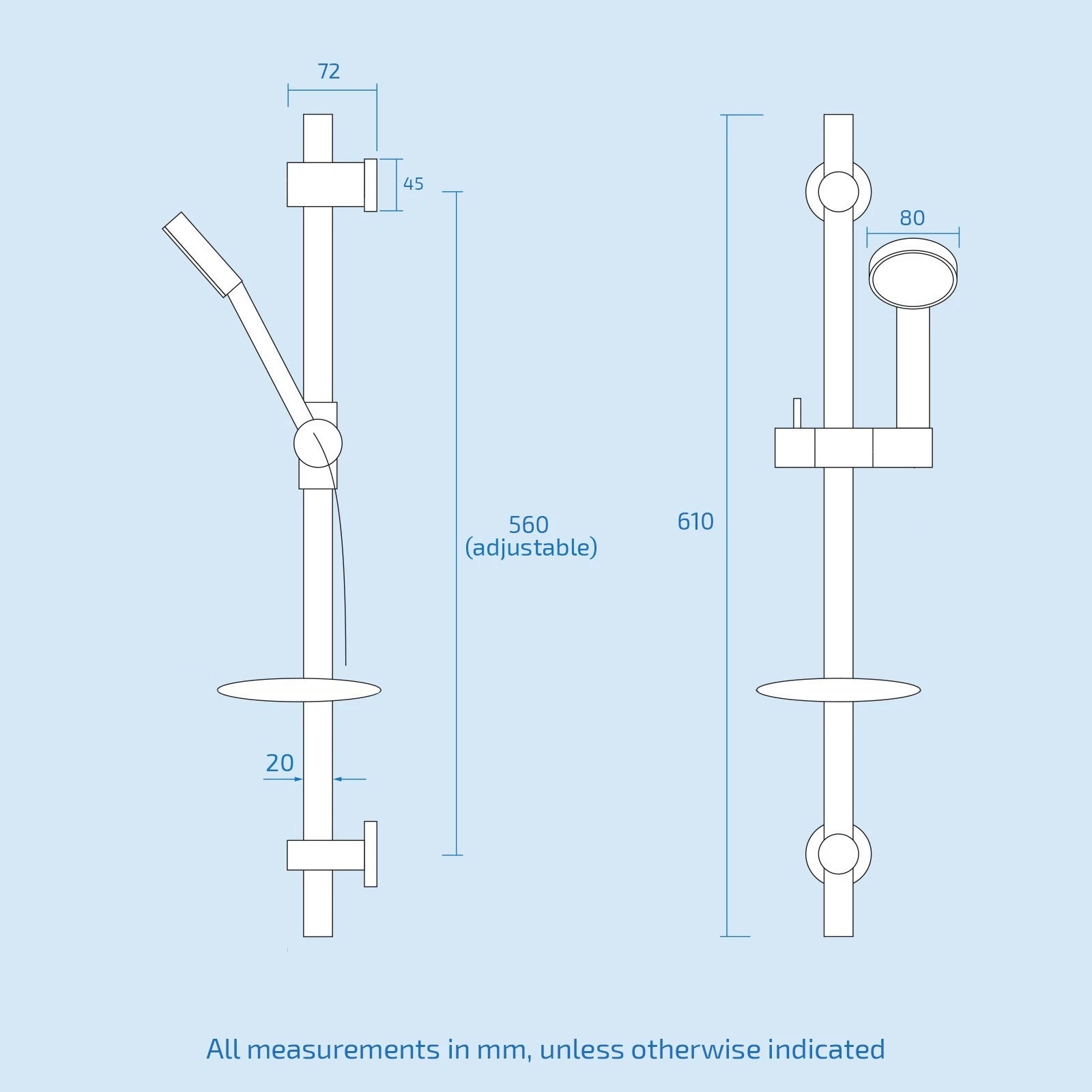 Modern Chrome Round Exposed Shower Slider Rail Kit with Handset & Soap Tray