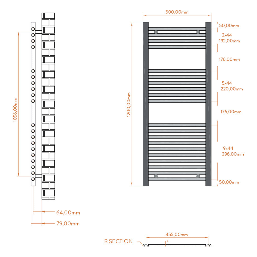 Chrome Straight Bathroom Towel Radiator 1200 x 500 mm