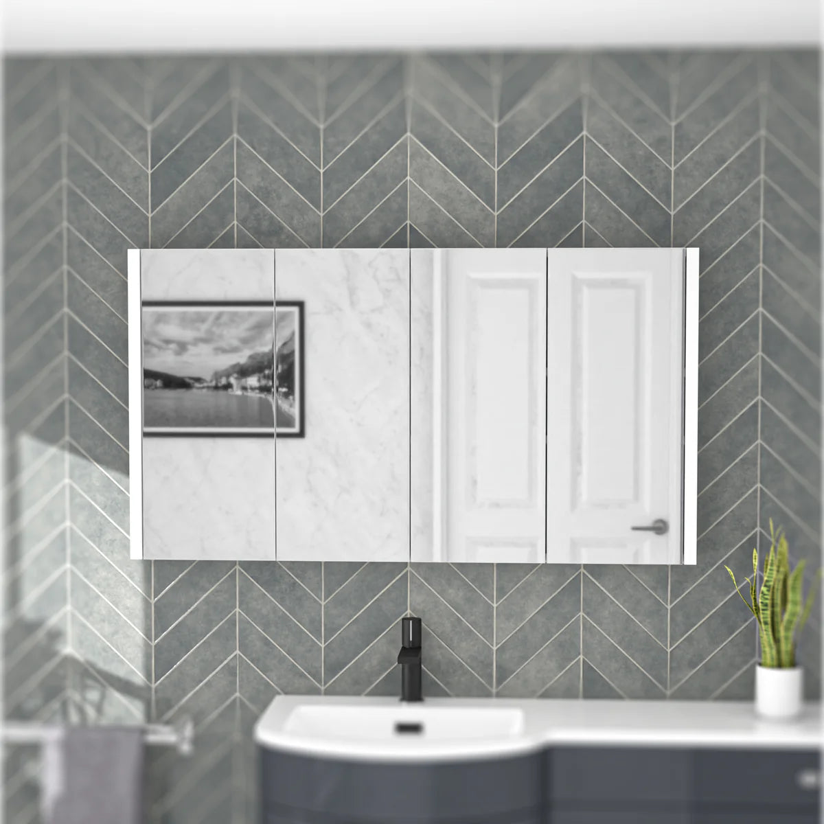 Modern 1180 W x 650mm H White 4-Door Mirrored Wall Hung Cabinet
