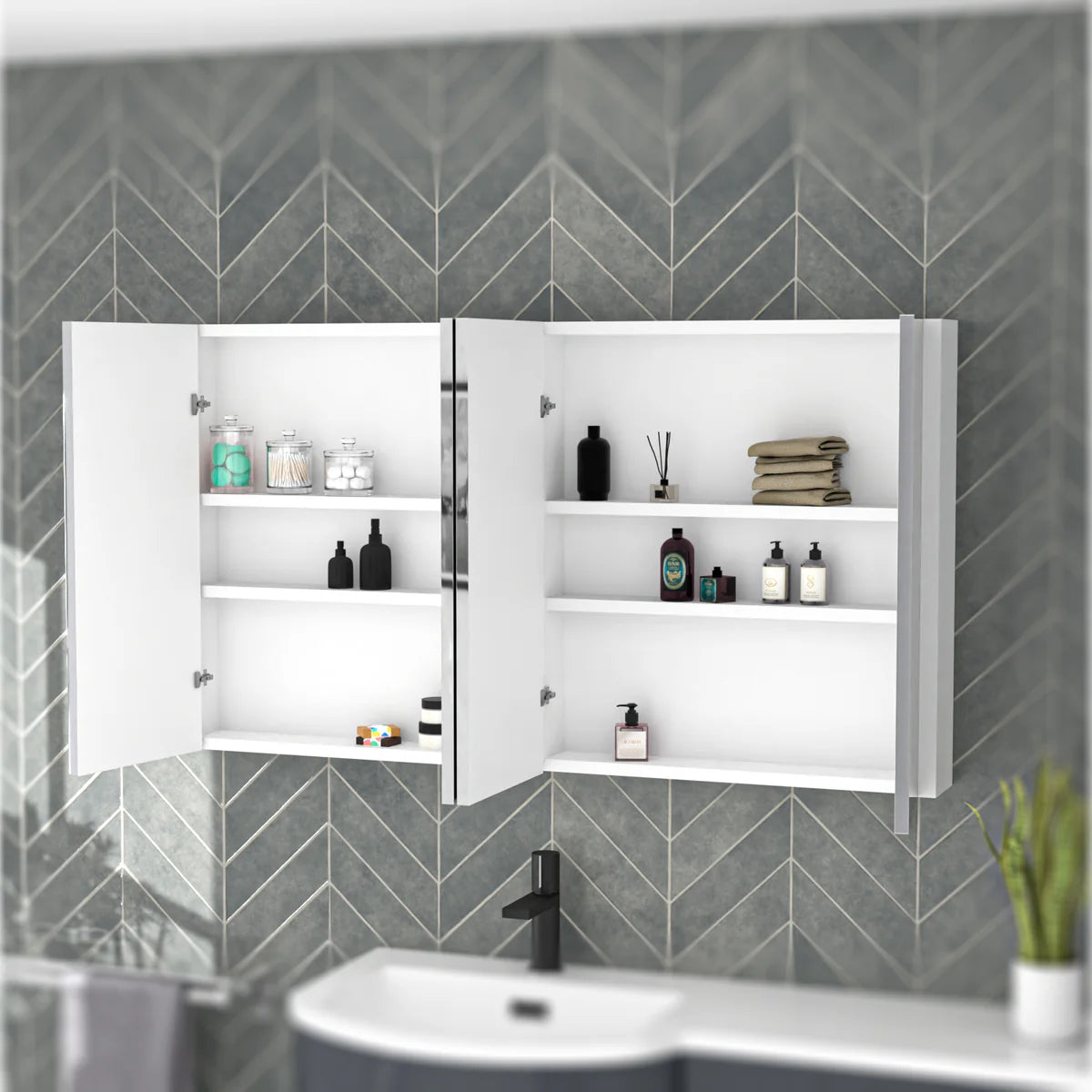 Modern 1180 W x 650mm H White 4-Door Mirrored Wall Hung Cabinet