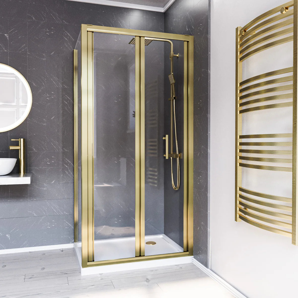 Bathroom with gold-framed shower enclosure and towel radiator.