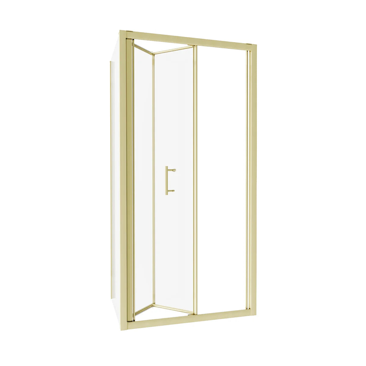 Gold-framed shower enclosure with clear glass on a white background