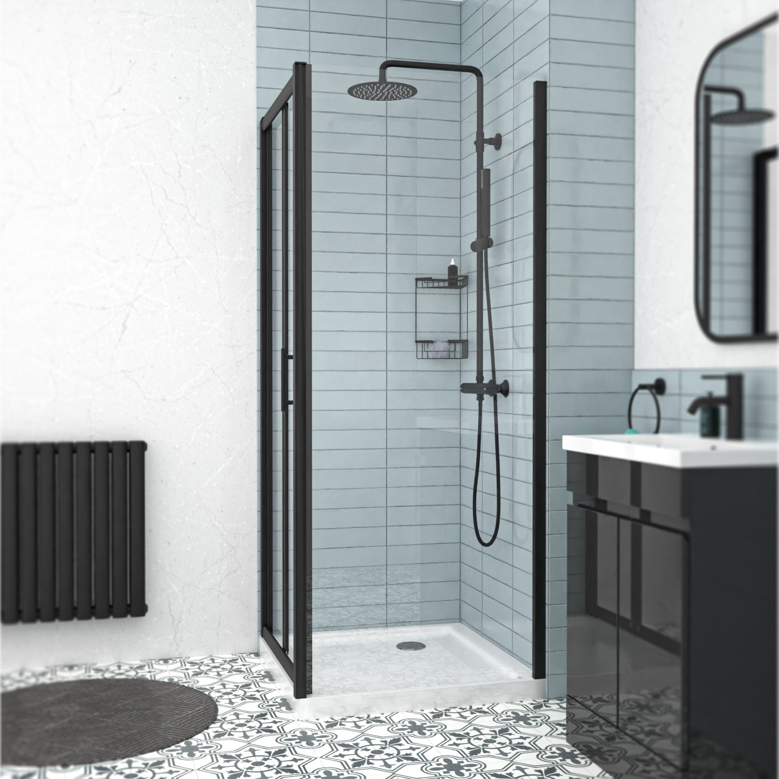 Black 700mm Bi-fold Shower Door, 700mm Side Panel Tempered Glass