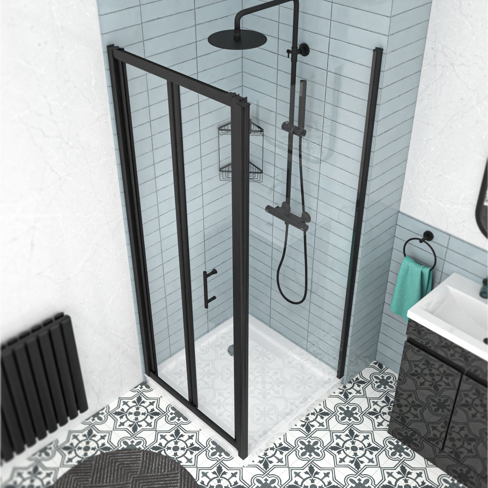 Black 700mm Bi-fold Shower Door, 700mm Side Panel Tempered Glass