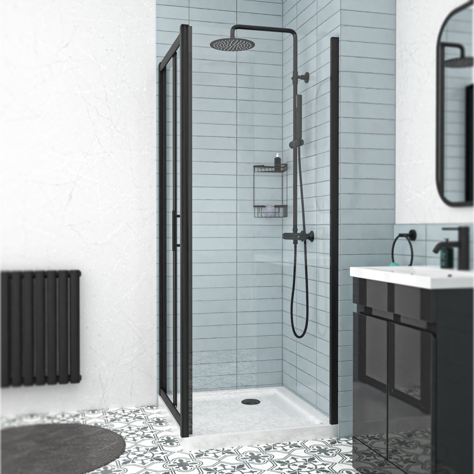 Black 760mm Bi-fold Shower Door, 700mm Side Panel Tempered Glass