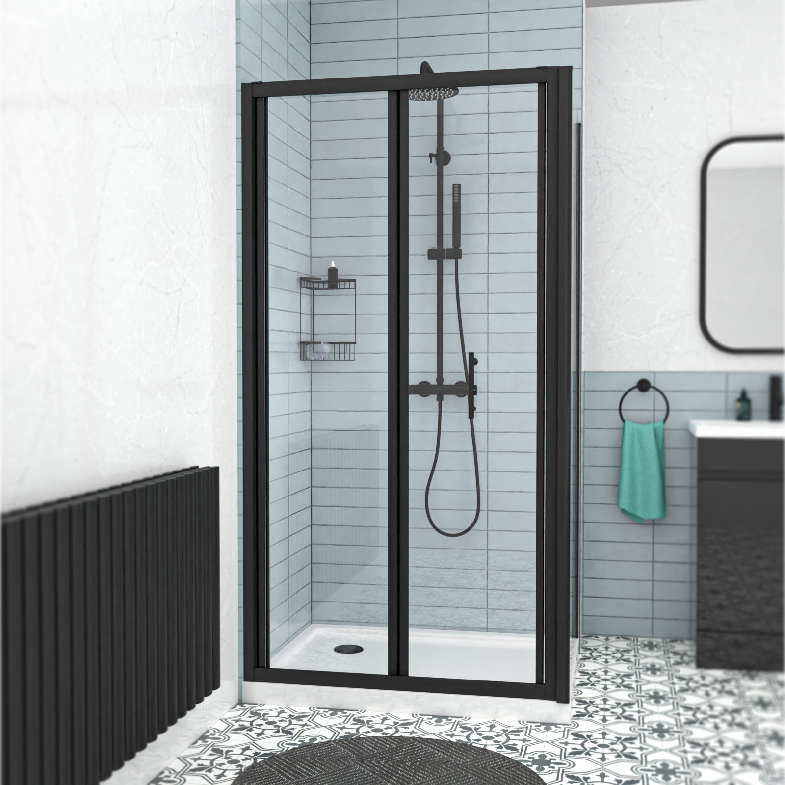 Black 1000mm Bi-fold Shower Door, 800mm Side Panel Tempered Glass