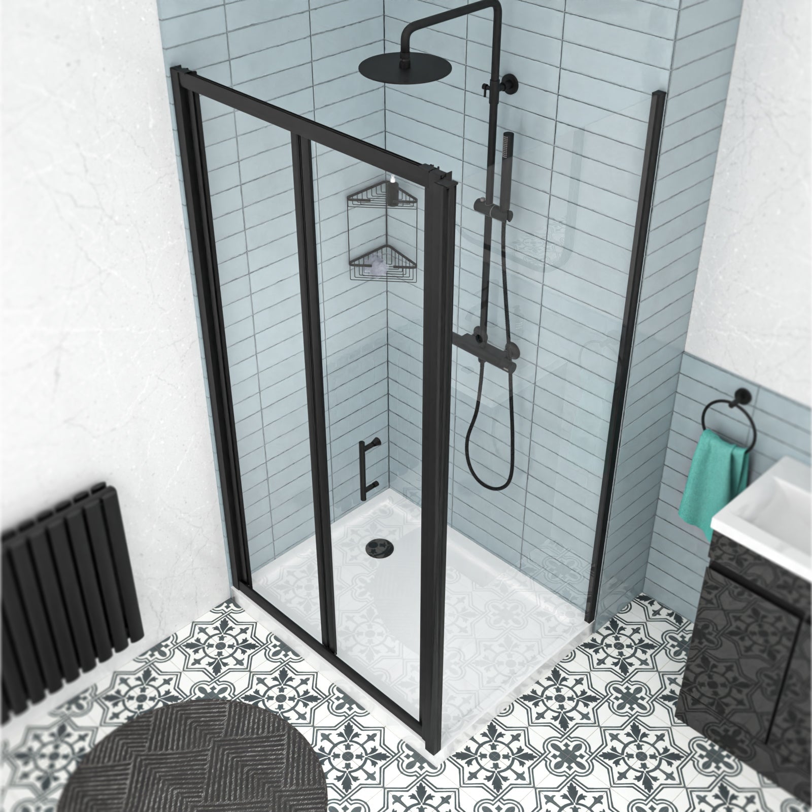 Black 1000mm Bi-fold Shower Door, 760mm Side Panel Tempered Glass