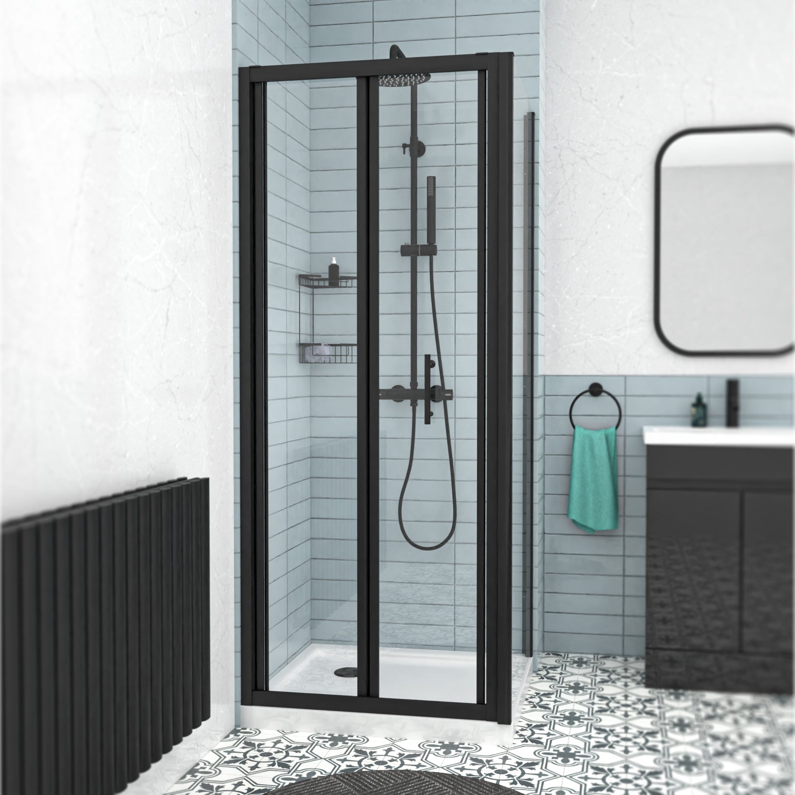 Black 900mm Bi-fold Shower Door, 760mm Side Panel Tempered Glass