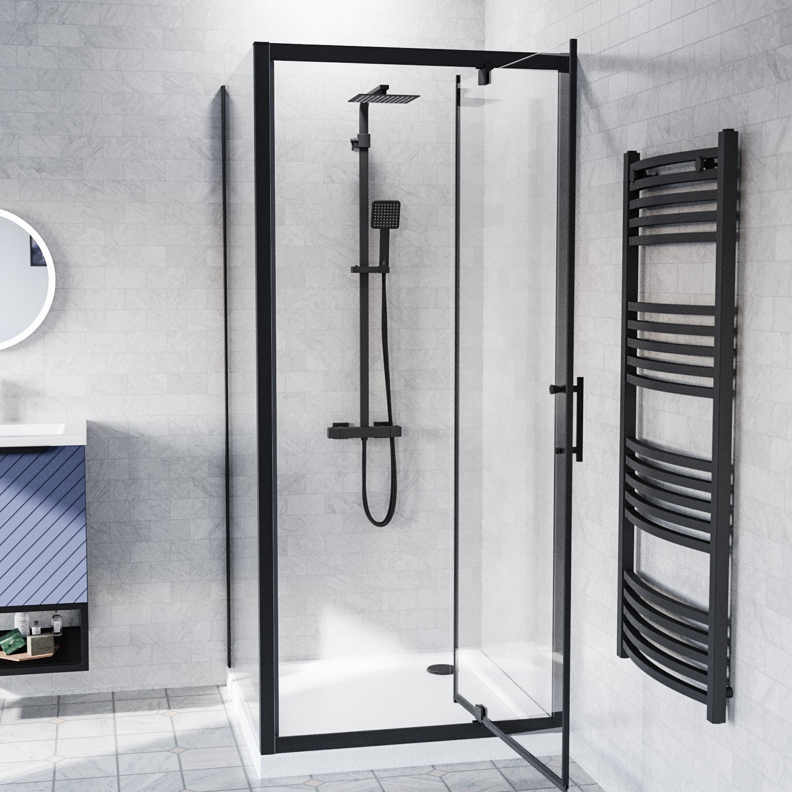 Jupiter Black 900 x 900mm Pivot Door Shower Enclosure & Side Panel