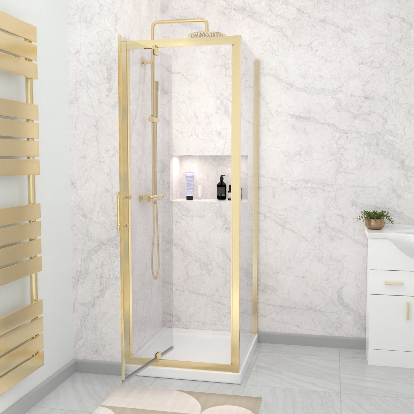 Brushed Brass 700 x 700mm Pivot Door Shower Enclosure Panel & Tray Set