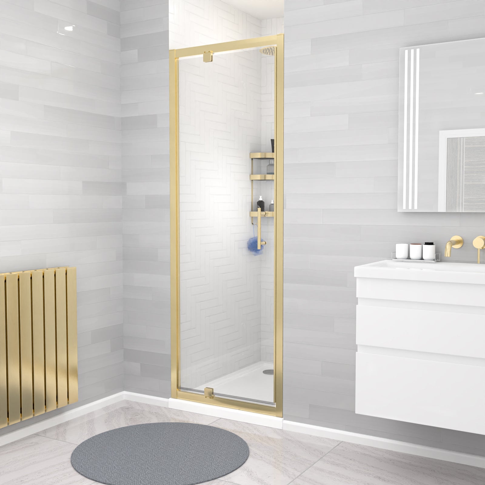 Jupiter 700 x 1850mm Brushed Brass Framed Shower Enclosure Pivot Door