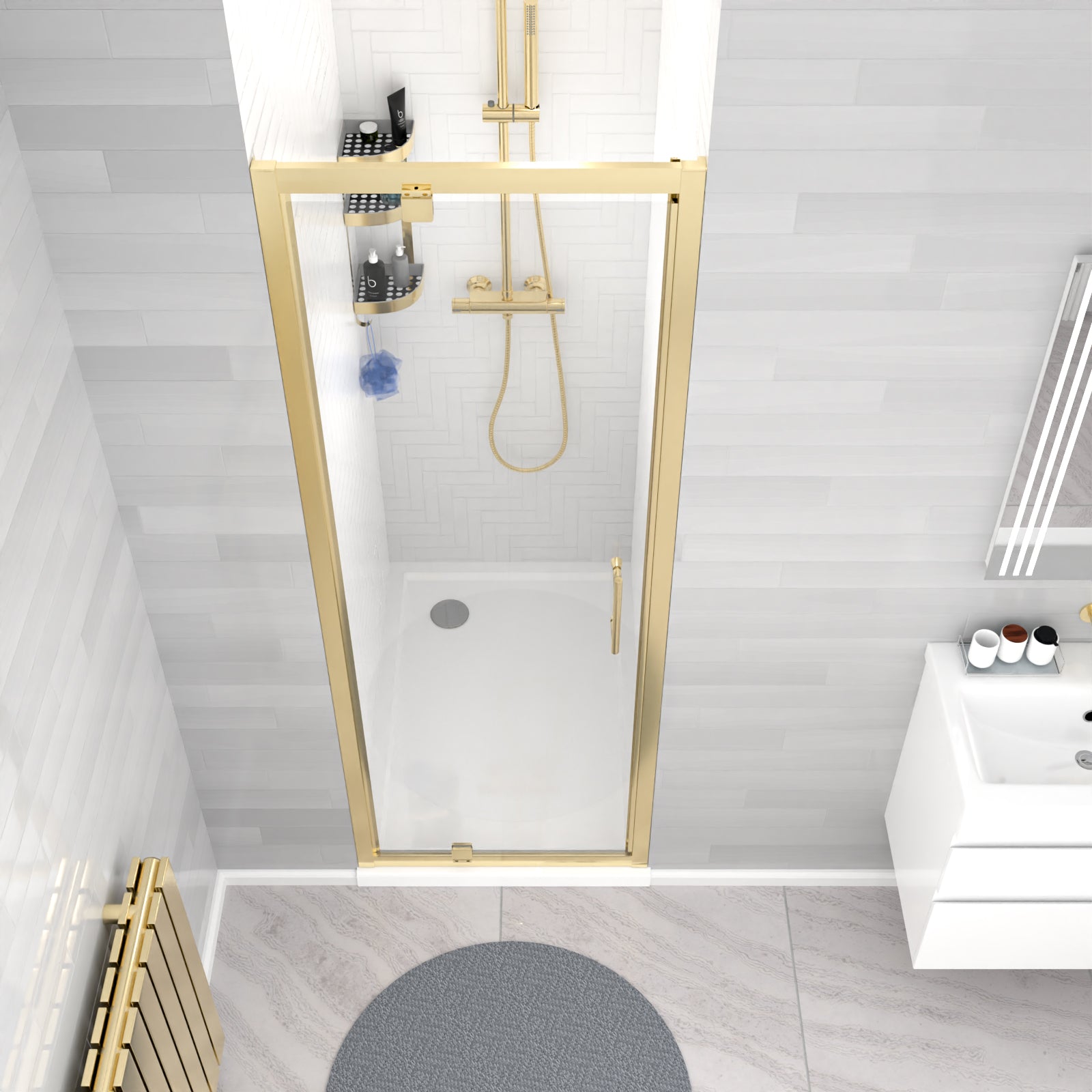 Jupiter 760 x 1850mm Brushed Brass Framed Shower Enclosure Pivot Door