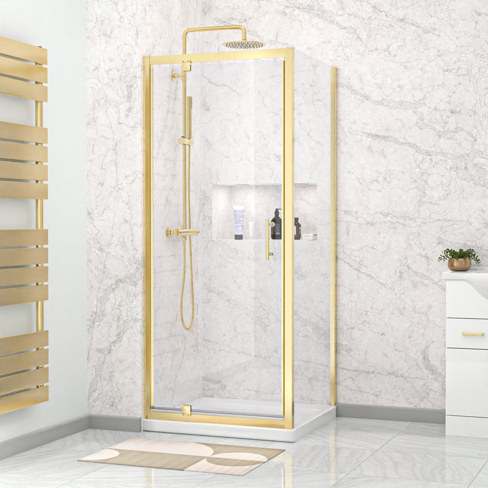 Jupiter Brushed Brass 800 x 760mm Pivot Door Shower Enclosure & Side Panel